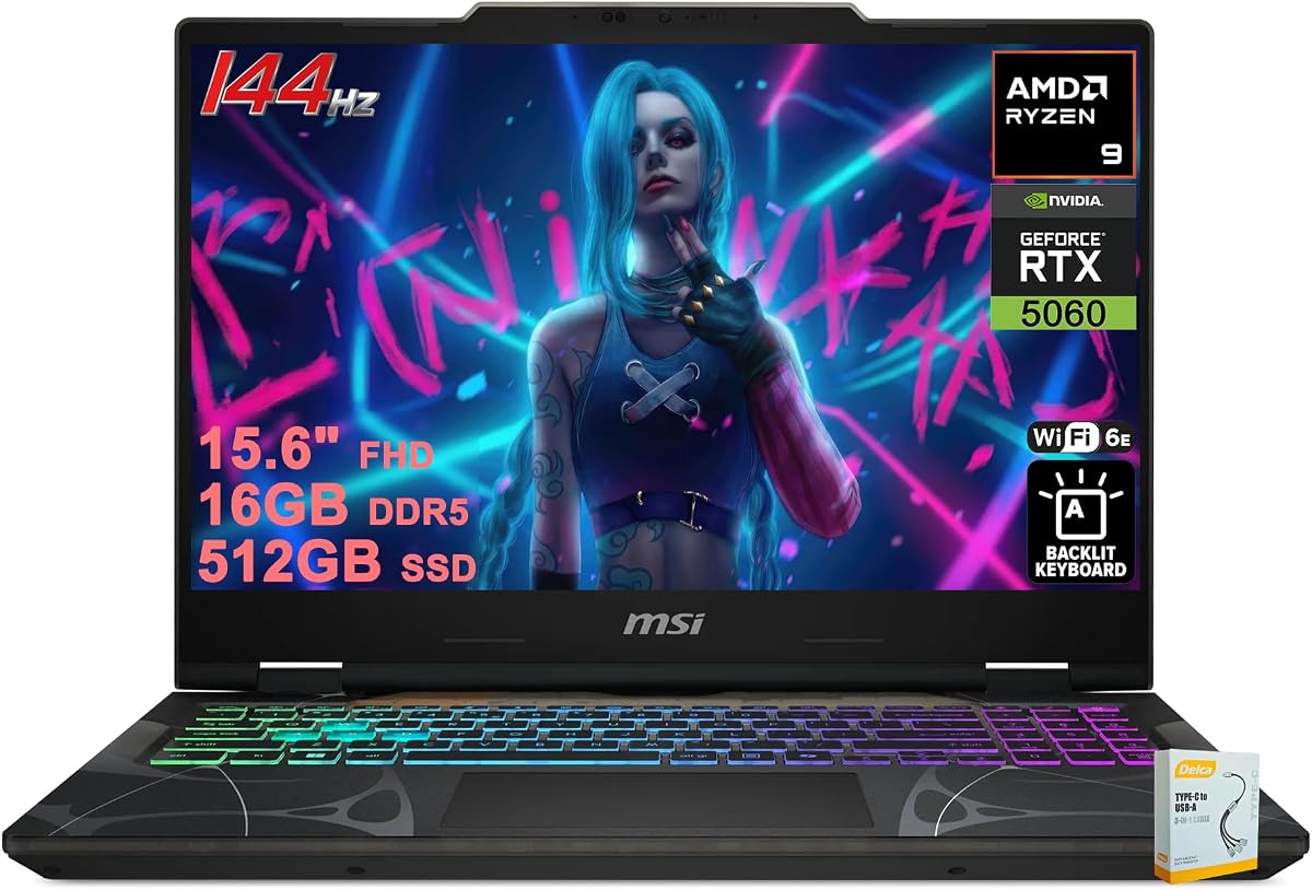 msi Cyborg 15 Gaming AI Laptop | 15.6" FHD IPS 144Hz | AMD 8-core Ryzen 9 270 (>i9-12950HX) | 16GB DDR5 512GB SSD | GeForce RTX 5060 GDDR7 Up to 572 AI Tops | 4-Zone RGB Backlit w/DLCA Accessory