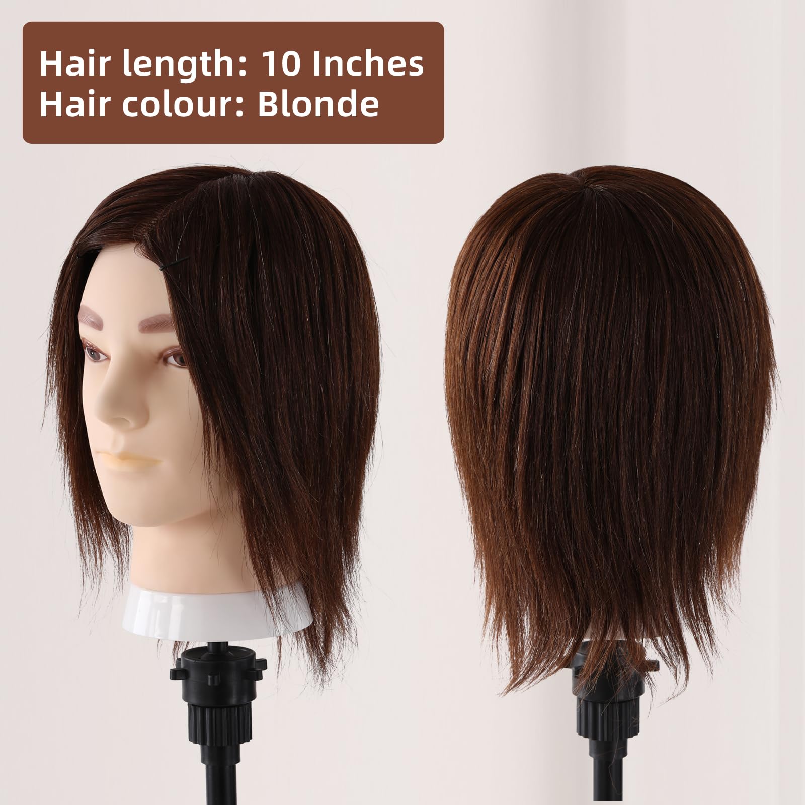 Cabeza Maniqui Peluqueria Hombre Pelo Natural 100%, Uomo Práctica Cabeza Peluquero de Entrenamiento Maniquí para Estudio Profesional en la Cosmetología con Soporte