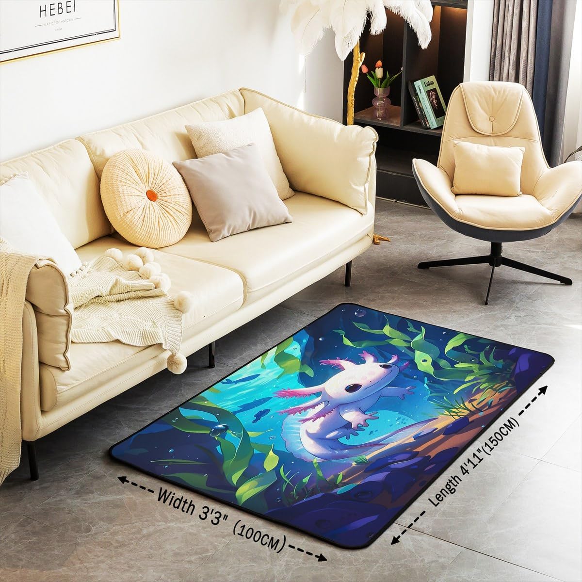 Feelyou Ocean Sealife Indoor Floor Mat Area Rug 5x7 Cute Axolotl Living Room Rugs for Kids Cartoon Salamander Accent Rug Women Men Teens Ultra Soft Decor Reptile Animal Decorative Rug