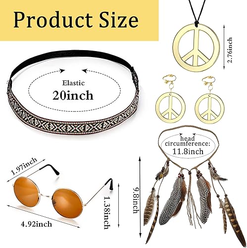 Miniatura 4 de JeVenis Accesorios de disfraz hippie para lentes de sol, collar con signo de paz, estilo bohemio, retro, con margaritas de los años 60 y 70