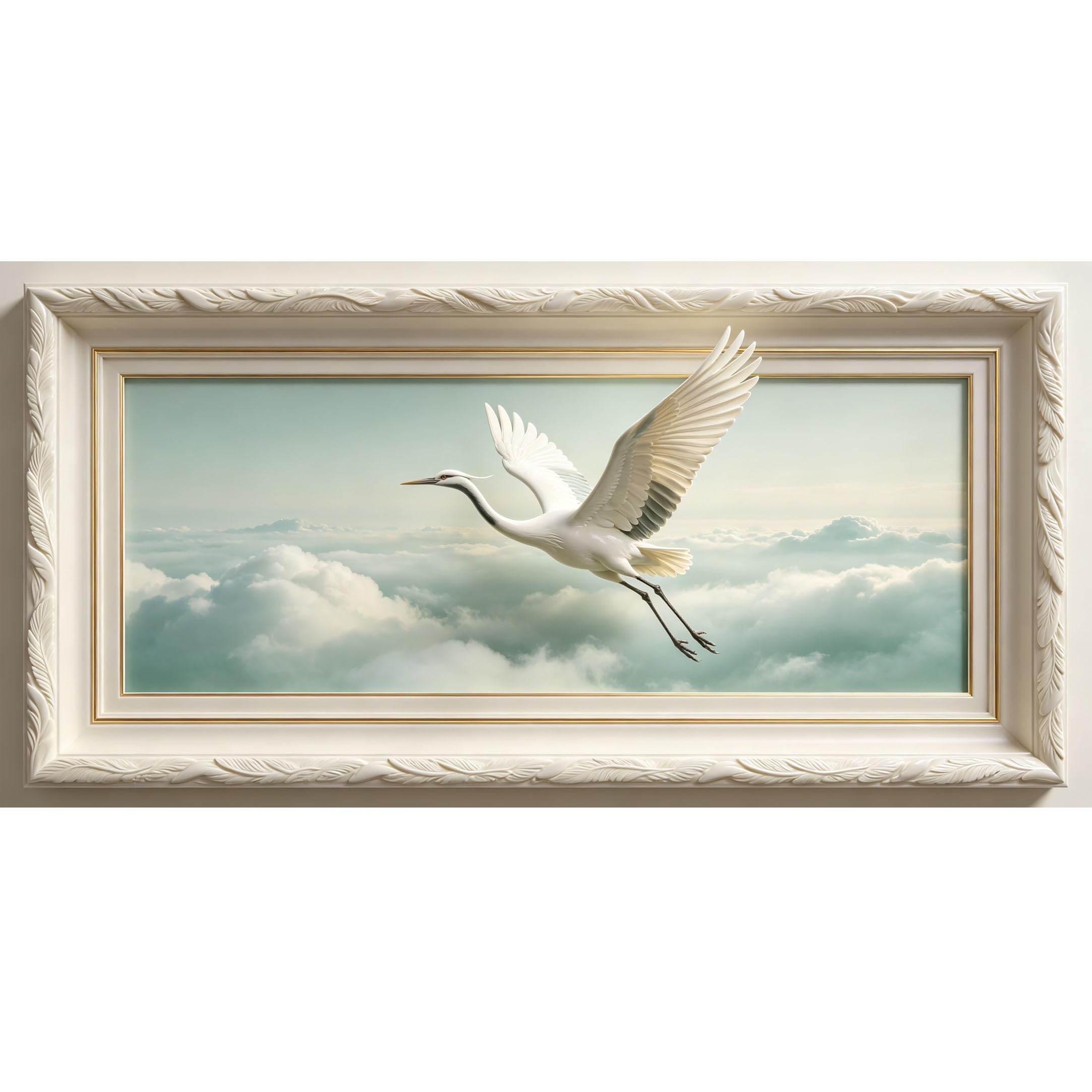 Agglomerix 3D Framed Wall Art White Heron Flying Landscape Contemporary Sky Clouds Textured Large Size SelfAdhesive Removable Wall Decor Prints Artwork for Living Room Bedroom Office