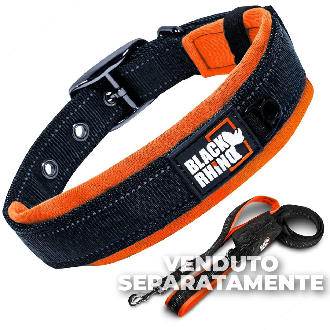 Black Rhino - Collare per cani imbottito in neoprene ultra morbido, per tutte le razze, confortevole, resistente, regolabile, riflettente, impermeabile (L, Arancione/Nero)