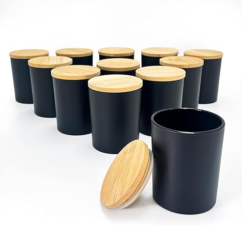 Vaso de vidrio de 8 fl oz, color negro con tapa de madera, paquete de 12 unidades para hacer velas