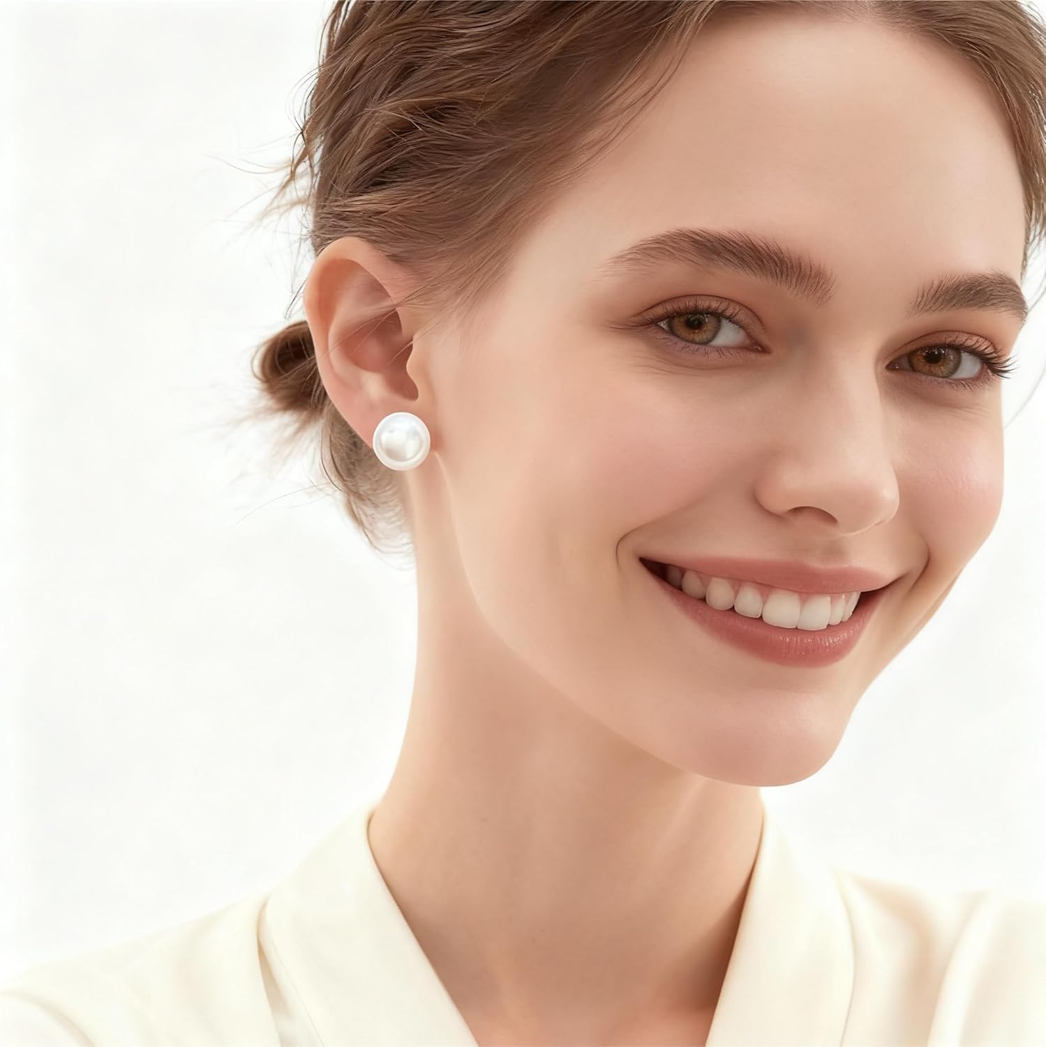 White Faux Pearl Stud Earrings, S925 Silver Posts Hypoallergenic for Women