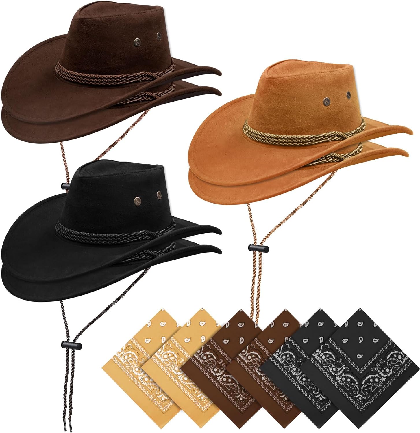 KisSealed 12Pcs Cowboy Hats and Bandanas,Western Cowboy Hats Bulk,Wide Brim Cowgirl Hats Costume Party for Men Women