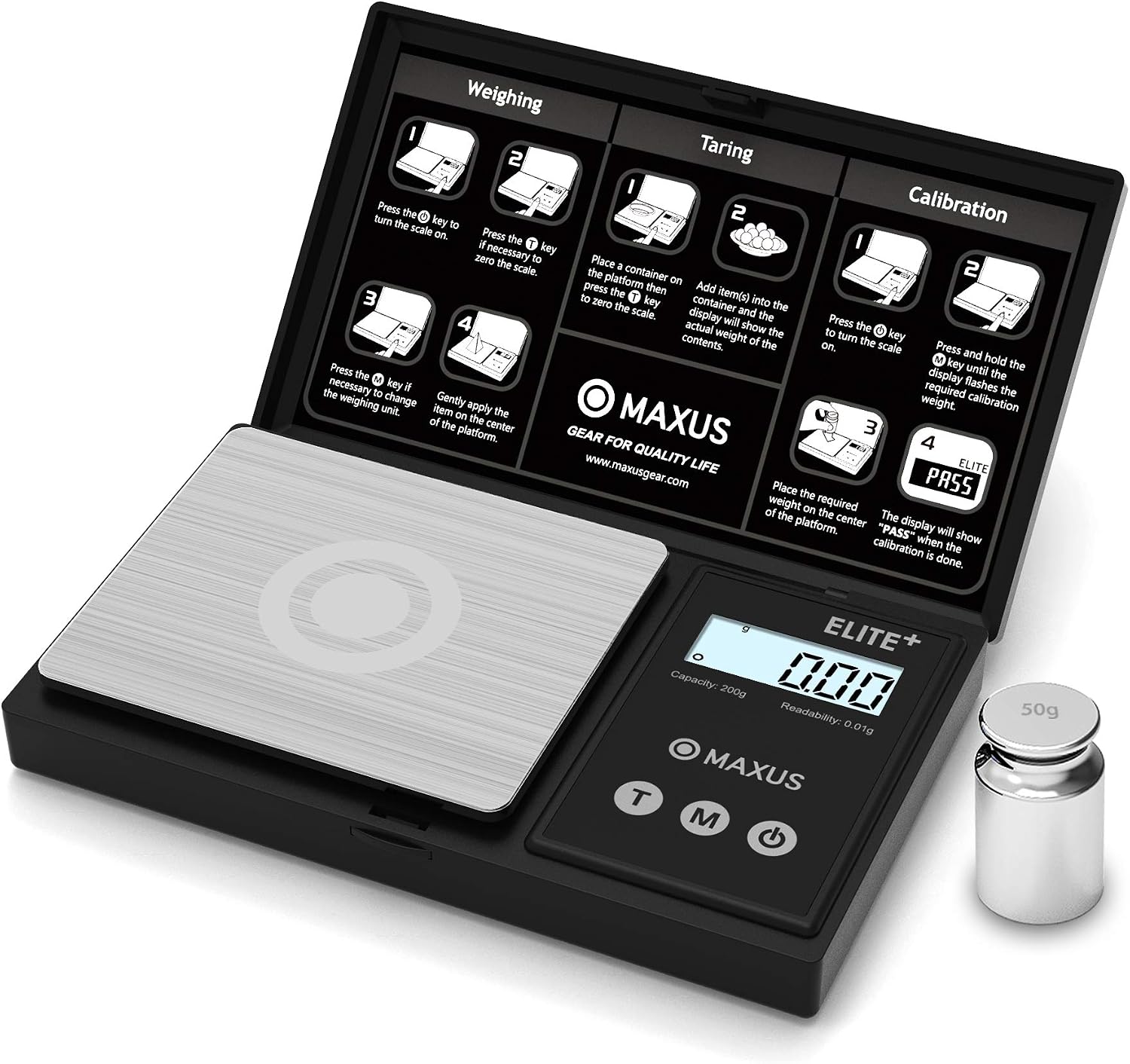 MAXUS Elite Plus Precision Gram Scale 200g x 0.01g + 50g Calibration Check Weight - Multi-Use Digital Pocket Scale Scale Powder Scale Jewelry Scale Grain Scale Small Scale Versatile Meds Capsule