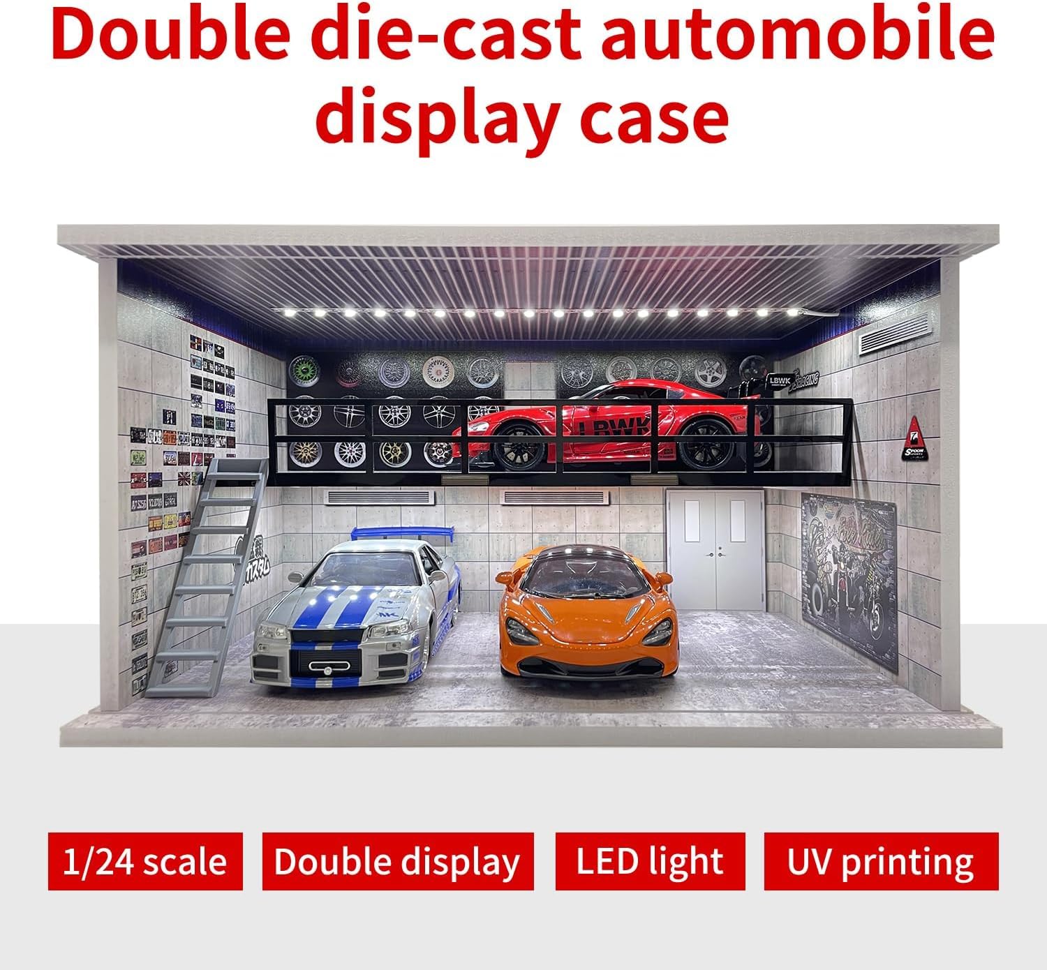 1:24 Maßstab Gussteil-Modellautoschaukasten mit Parkplatzszenario für Jada-Sammler, Diorama-Garage für Legierungssportwagen-Modellspielzeug mit USB-Beleuchtung und Acrylcouvreur, 4 Parkplätze