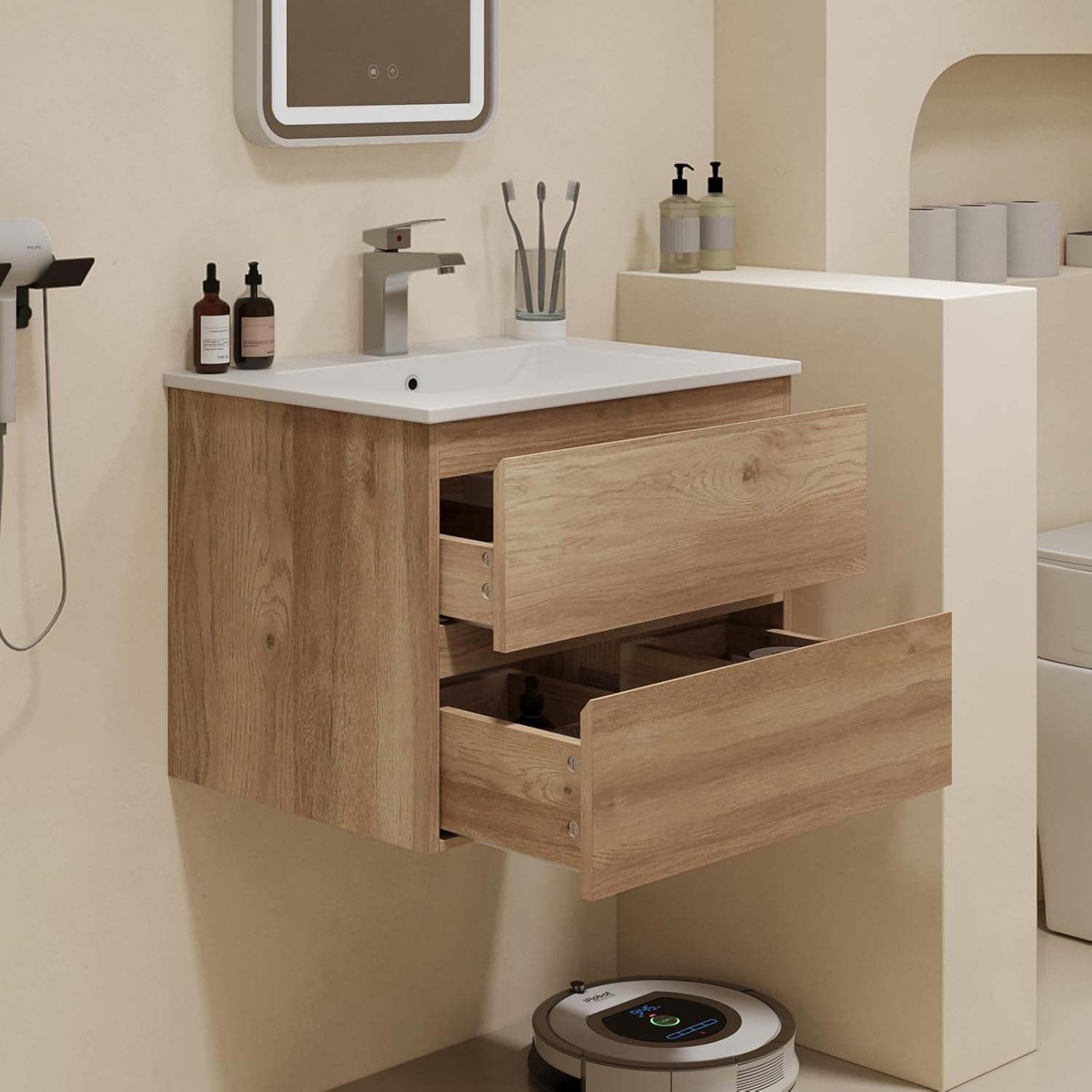 Floating Bathroom Vanity with Sink Wall Mounted Cabinet with 2 Drawers, Moisture-Resistant MDF,Large Storage for Small Space (24")