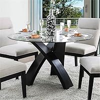 Vista 2 de BOWERY HILL Mesa de comedor redonda de vidrio templado contemporáneo de 52 pulgadas y base de madera maciza con patas cruzadas, requiere montaje