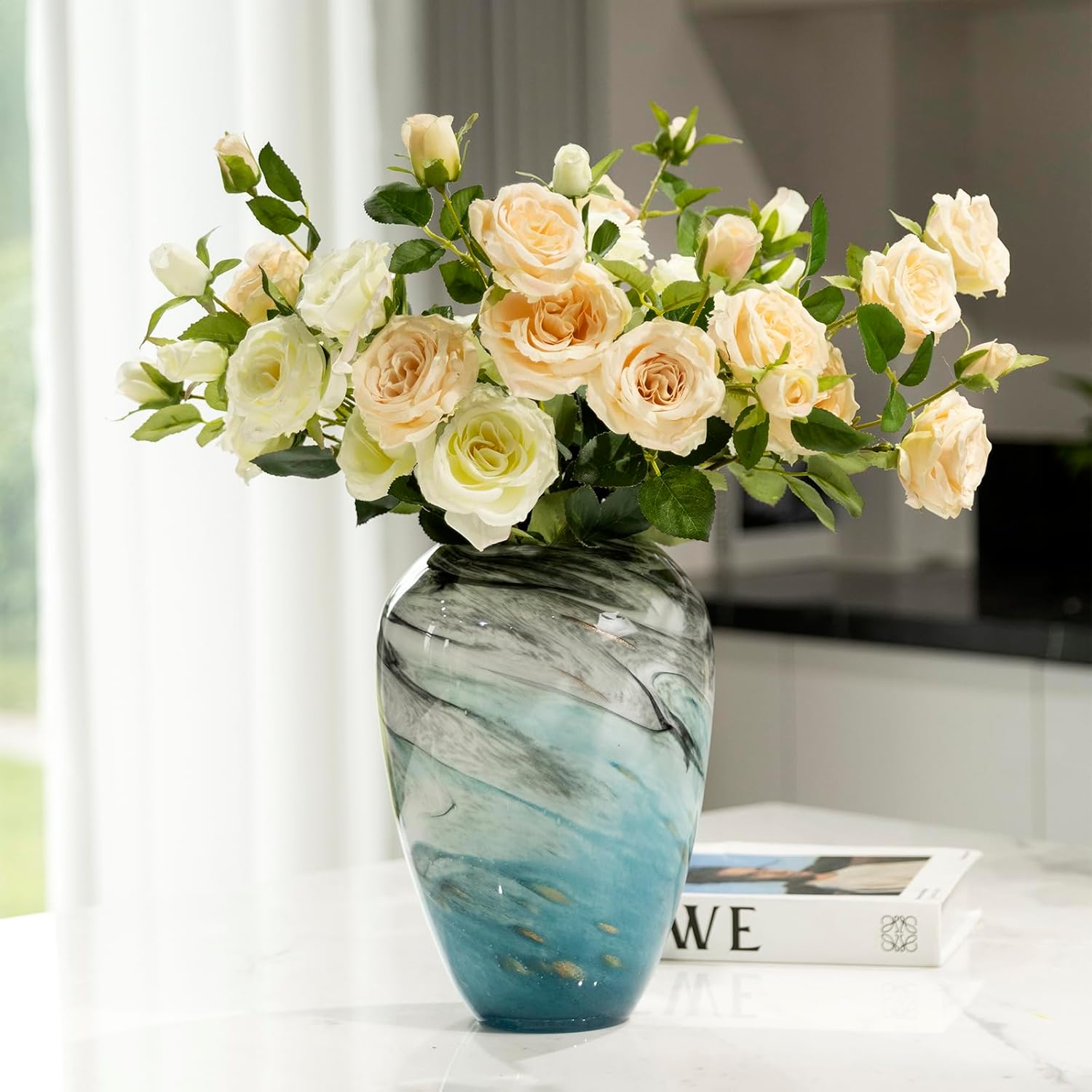 11" H Teal Glass Vases for Flowers, Unique Hand Blown Glass Vase Blue Home Decor, Wide Mouth Colorful Flower Vase Centerpieces, for Living Room Table Bookshelf, Bathroom Office Shelf Decorative - Image 4