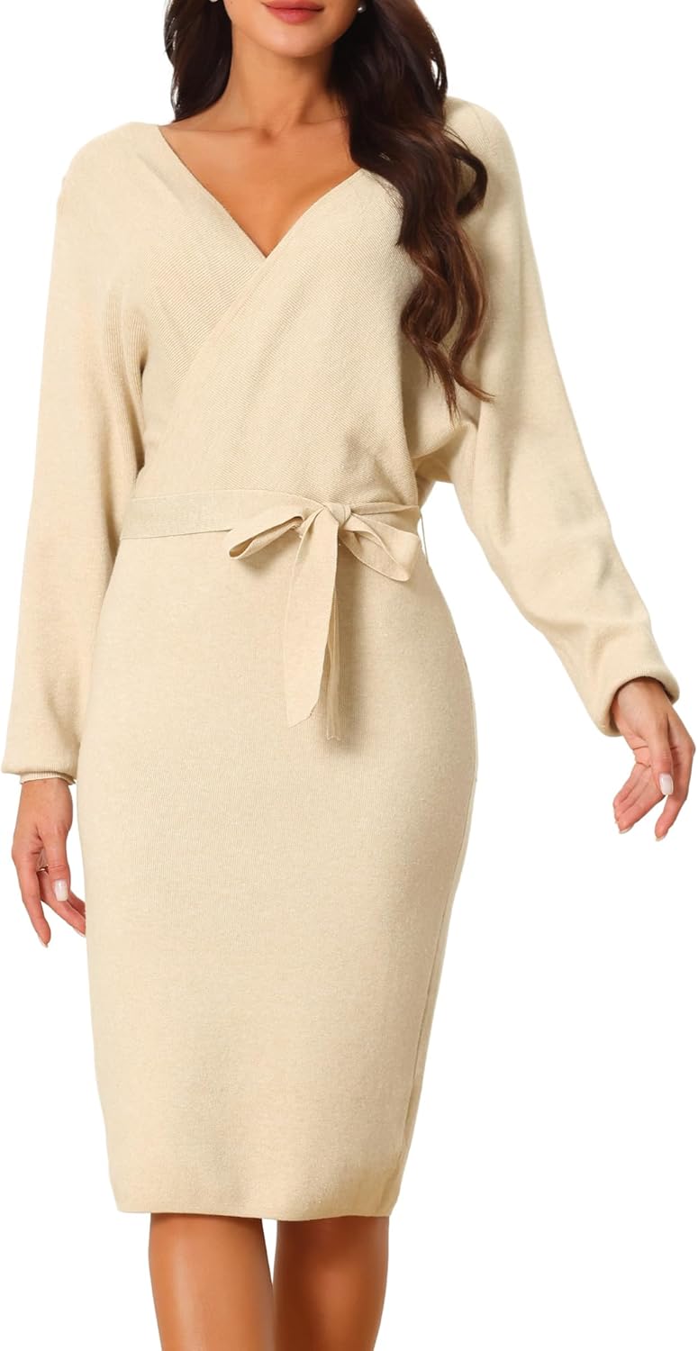 Seta T Women's V Neck Sweater Dress Batwing Sleeve Wrap Backless Knit Fall Midi Dress with Belted