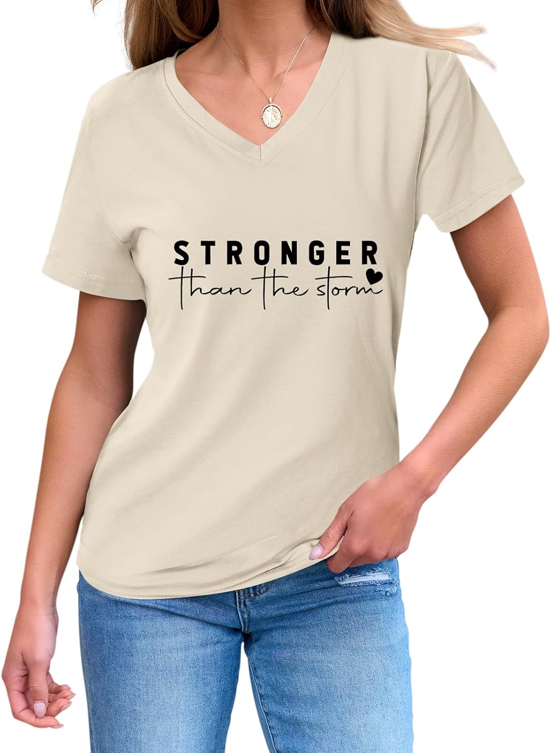 Stronger Than The Storm Tshirt Womens Christian Tops V Neck Inspirational Shirt Cute Graphic Shirt Short Sleeve Tees - Image 2