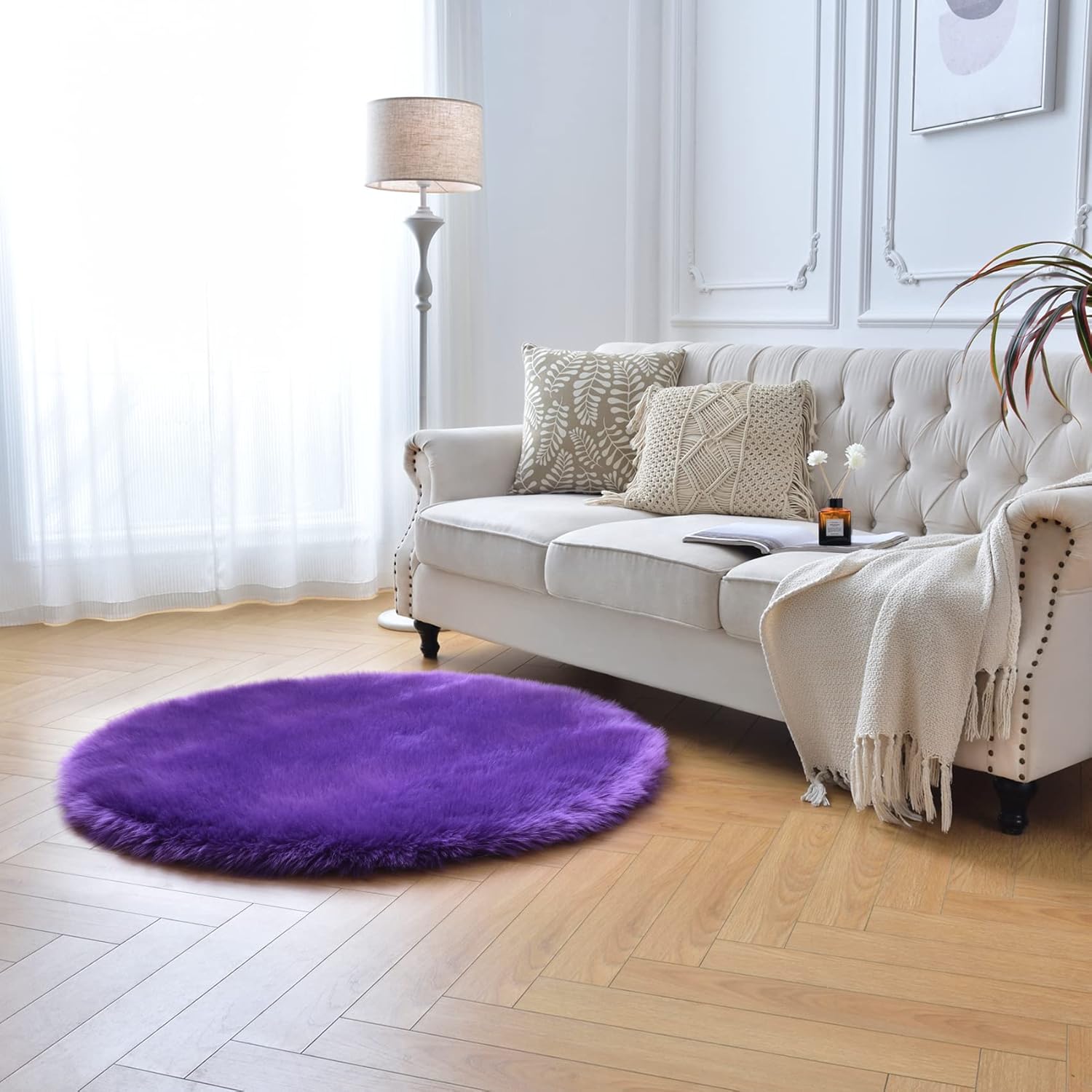 duduta Purple Faux Fur Round Rug for Kids Nursery Playroom, 4x4 ft Fluffy Shag Fur Bedroom Rug Dorm Decor Non Slip Washable