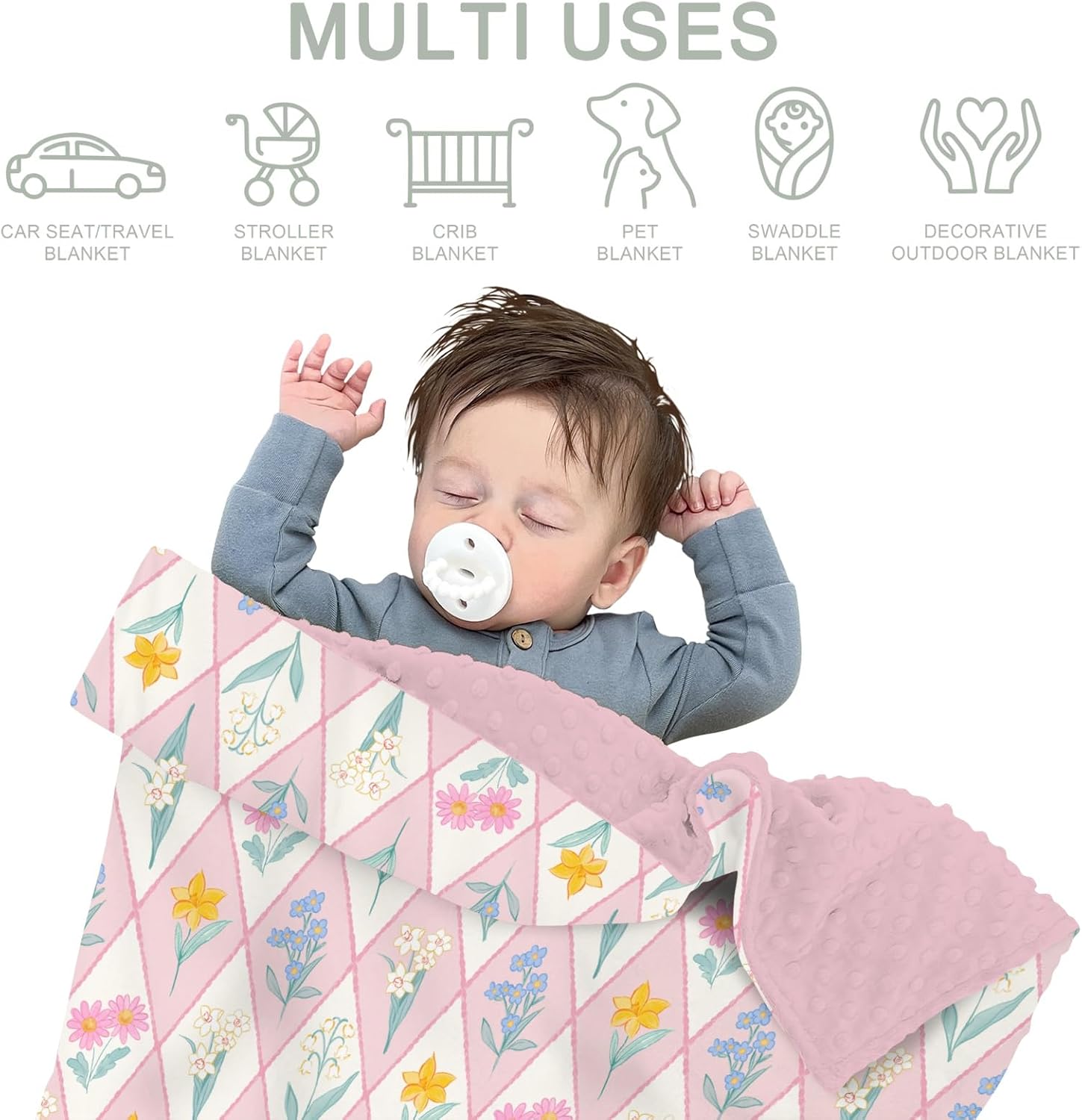 Wildflower Floral Patchwork Baby Blanket for Girl Boy Spring Flowers Grid Soft Mink Dotted Backing Double Layer Swaddle Blanket Garden Summer Florals Bed Throws for Newborn Toddler Crib 30x40 Pink