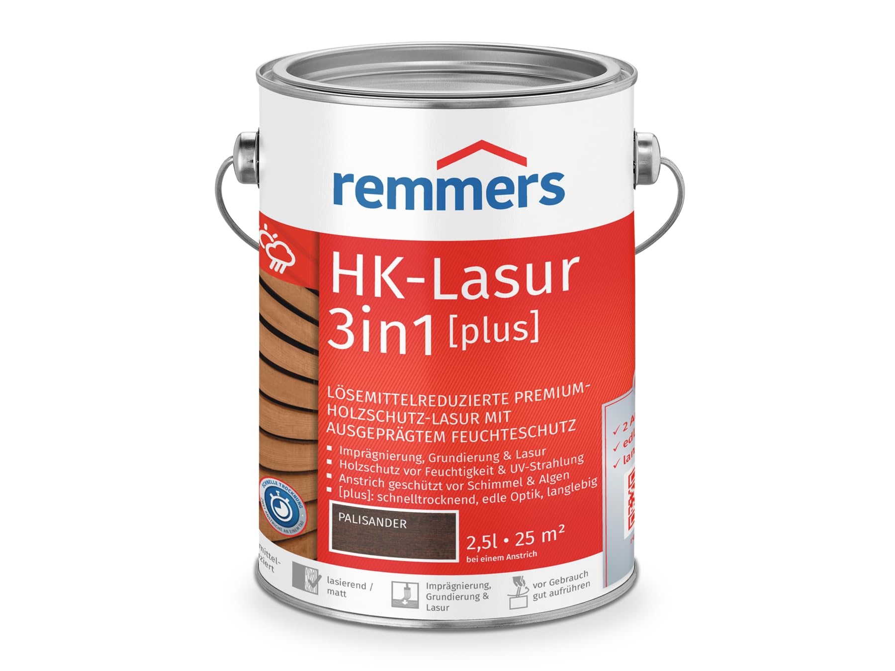 Remmers Barniz HK 3 en 1 [plus] palisandro mate, 2,5 L, barniz protector de madera premium reducido con disolventes, para exteriores, 3 en 1, secado rápido, duradero