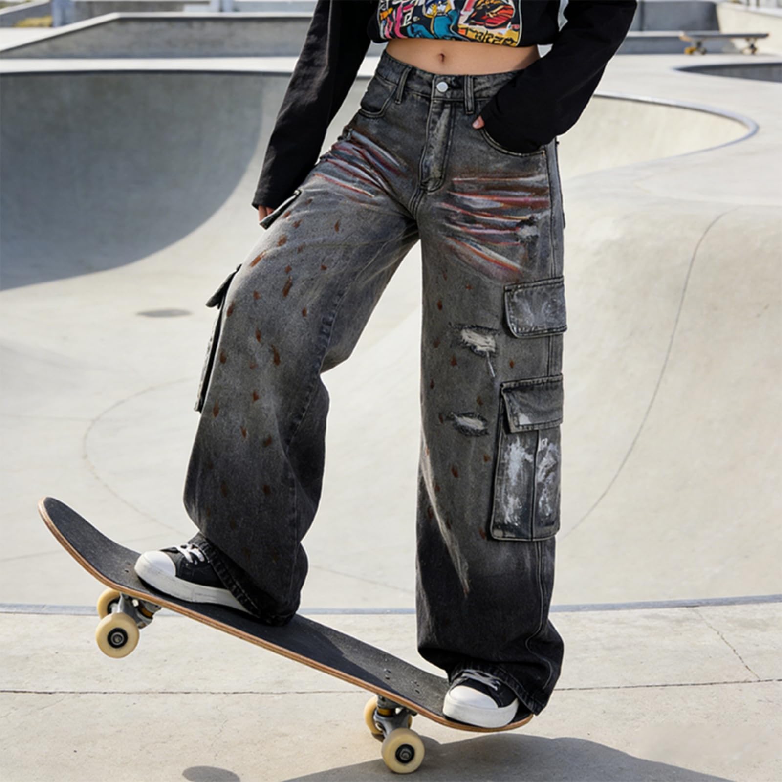 Jeans larghi casual a vita media fidanzati jeans a gamba larga jeans unisex graffiti larghi Streetwear unisex graffiti larghi grunges hiphop streetwear Harajukus