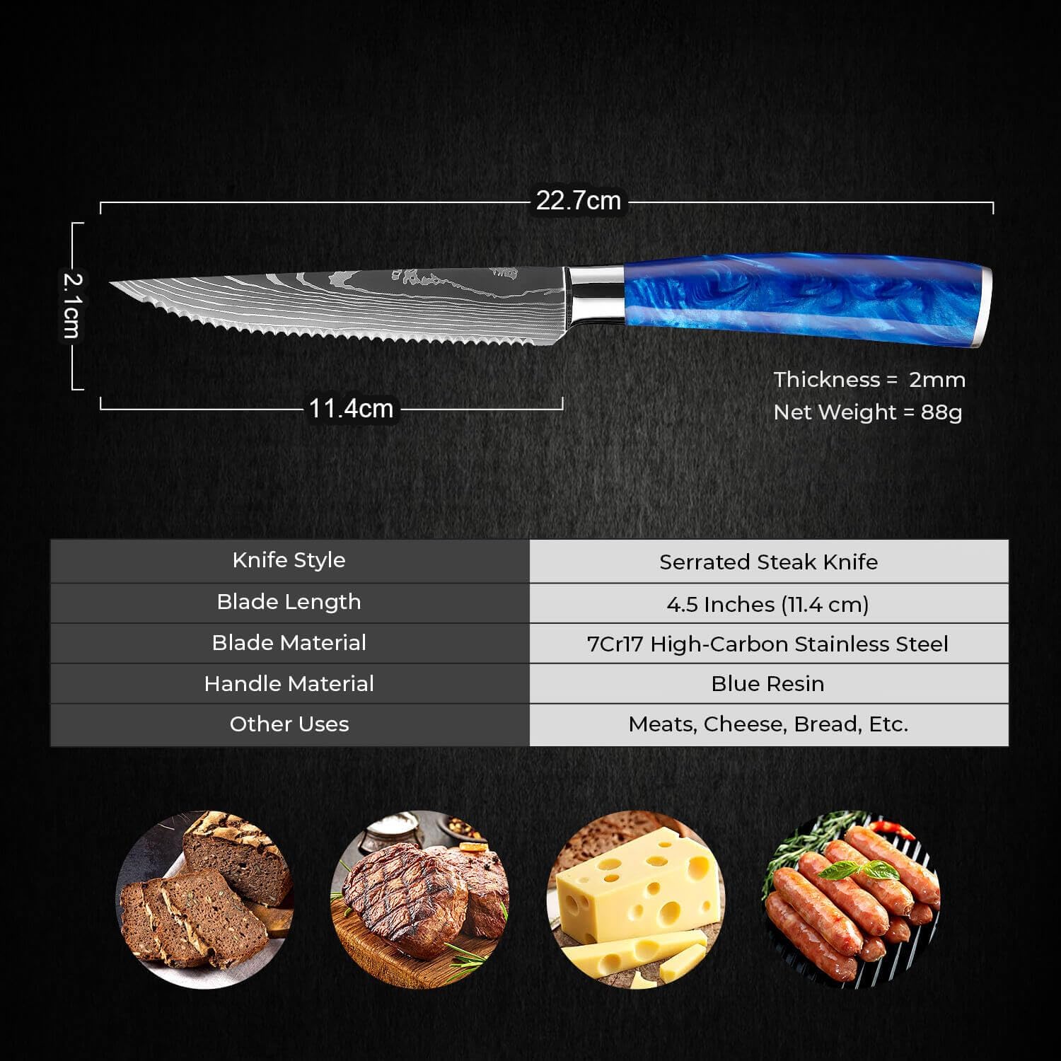 SENKEN Professional Steak Knife Set with Engraved Damascus Pattern, Razor Sharp Blade, High Carbon Stainless Steel with Beautiful Gift Box, Blue & Red Resin Handles - Image 6