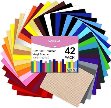 CAREGY HTV Heat Transfer Vinyl Bundle 42 Pack 12" x 10" Sheets Iron on Vinyl, 30 Assorted Colors, Heat Transfer Vinyl for DIY T-Shirt