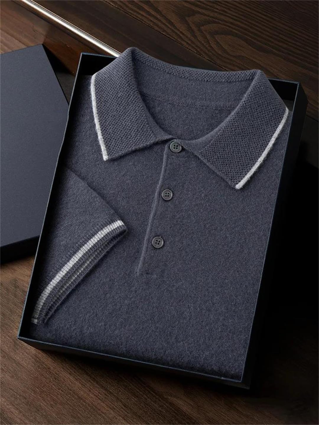 Men's Knitted Tops 100% Cashmere Short Sleeve Pullover Sweater with Turndown Collar Thin Fashion Knitwear for Office