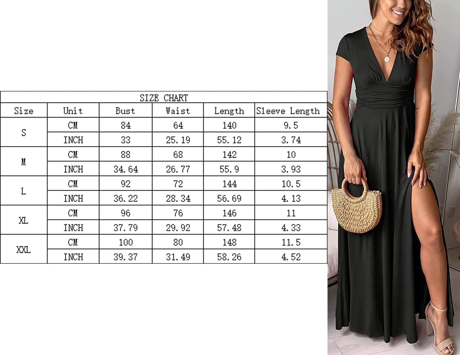Vestido Largo Mujer Manga Corta Vestido Mujer Verano Elegante Vestidos Cuello en V Dividido Verano para Fiesta en la Playa