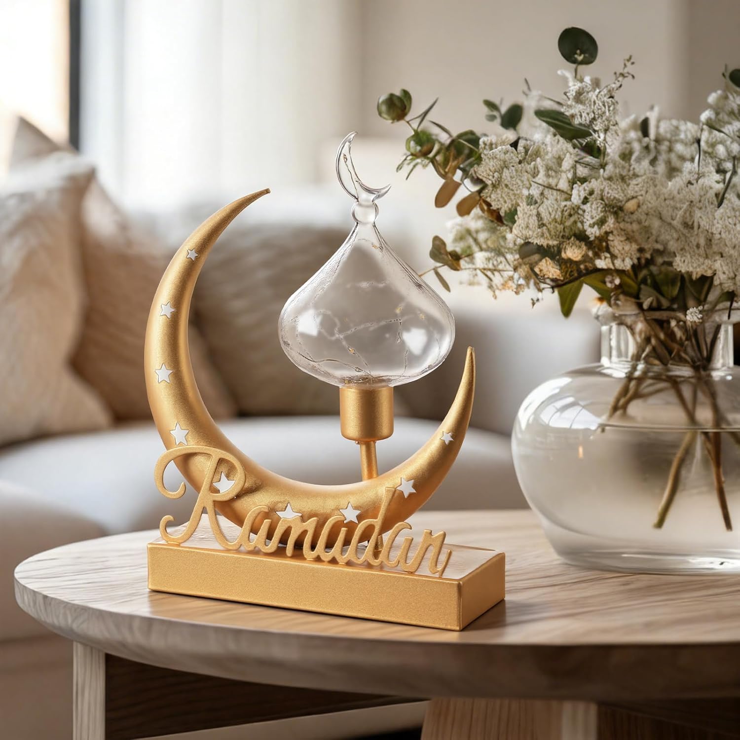 VIHOSE Ramadan Light Decoration for Home Eid Mubarak Moon Star LED Table Lamp Decorative Moon Star Patterned Hollow Out Boho Lamp for Muslim Party Bedrooms Nightstand