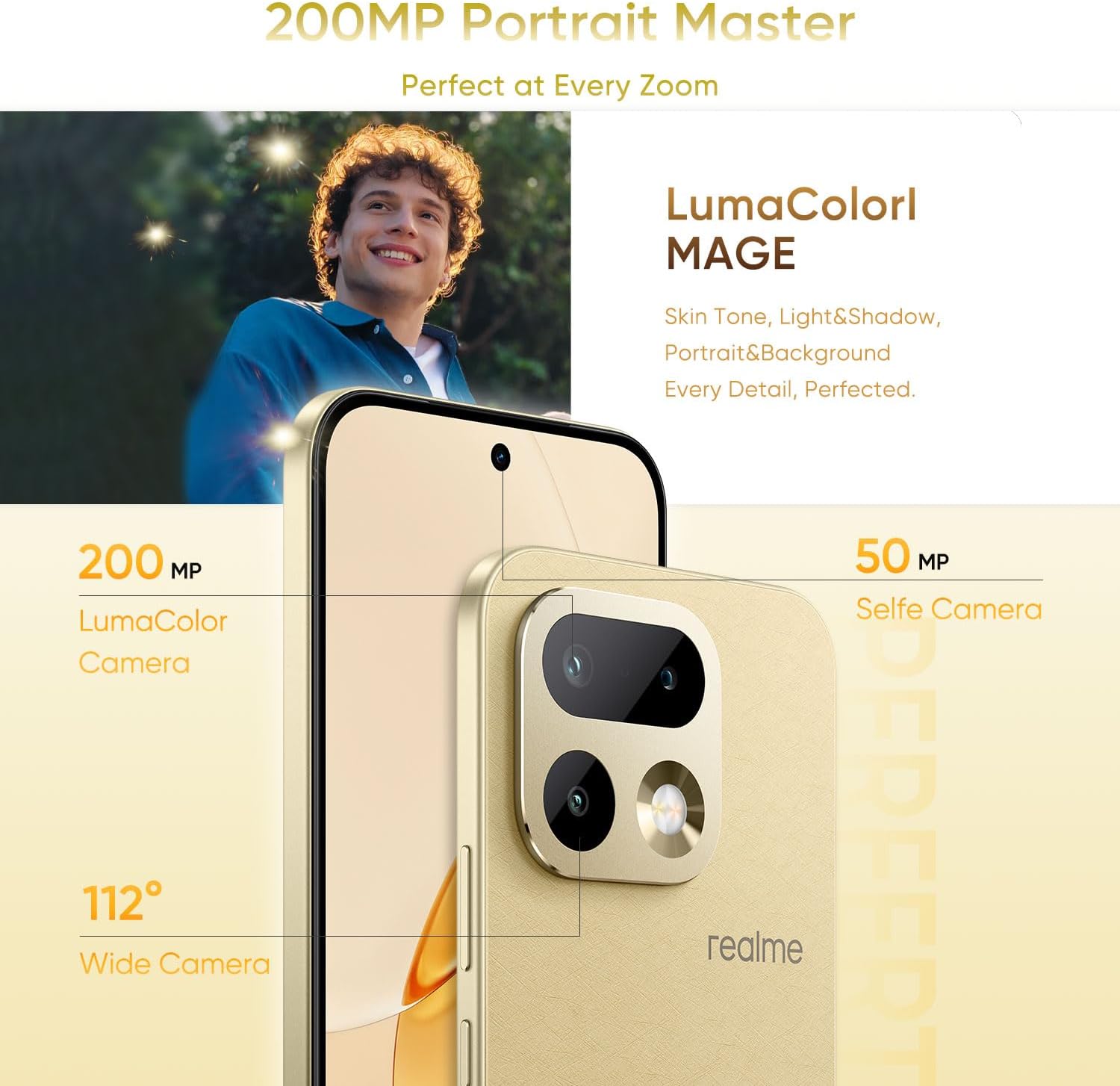 realme 16 Pro 5G Unlocked Smartphone 8+256GB Gold, 144Hz AMOLED Display, 7000mAh Battery, 80W SuperVOOC, 50+200MP Camera, MediaTek Dimensity 7300 Max 5G Chipset, IP69