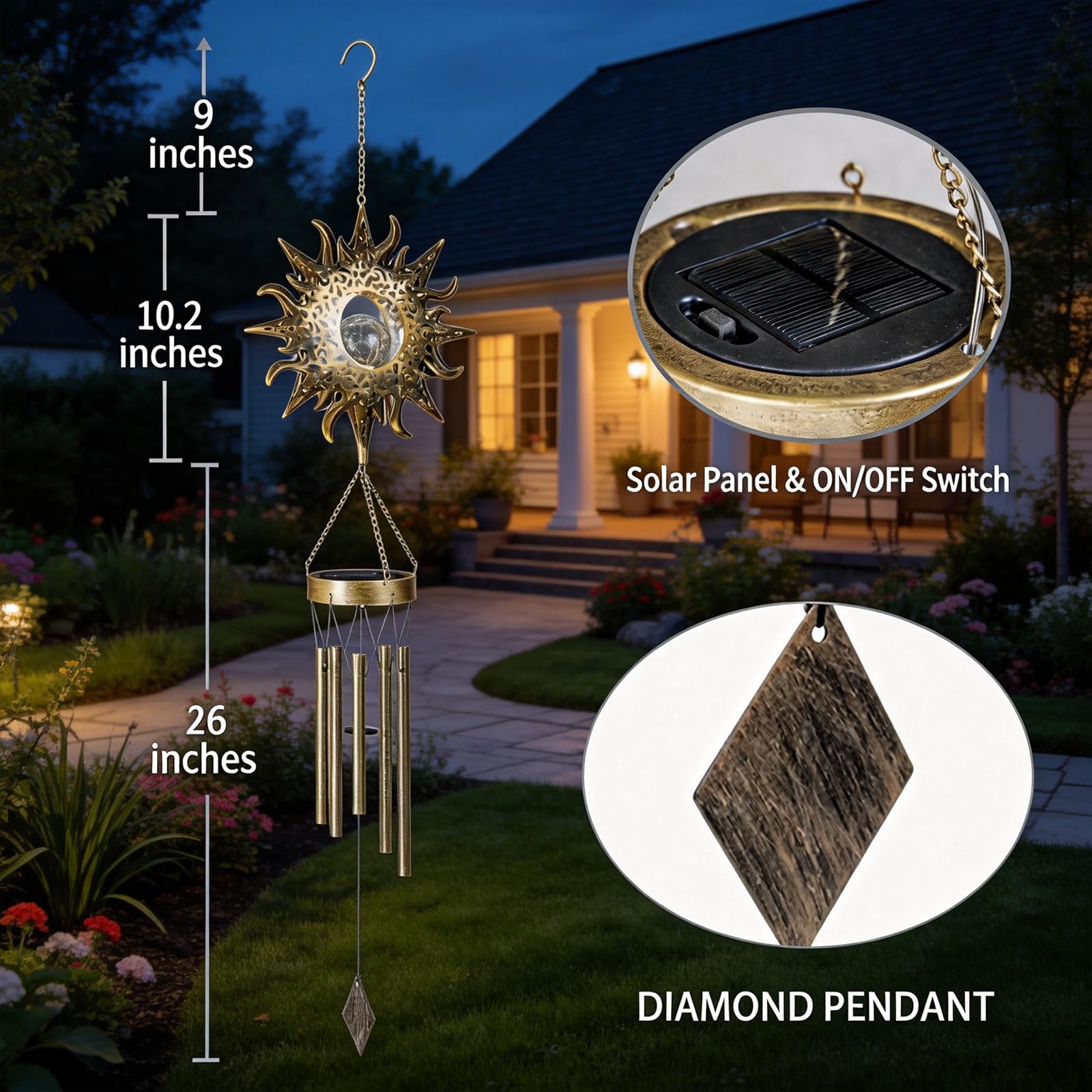 Campanello a vento solare con sfera in vetro craquelé, per esterni, a energia solare, per patio, giardino, balcone, decorazione perfetta per proprietari di case e appassionati di giardino
