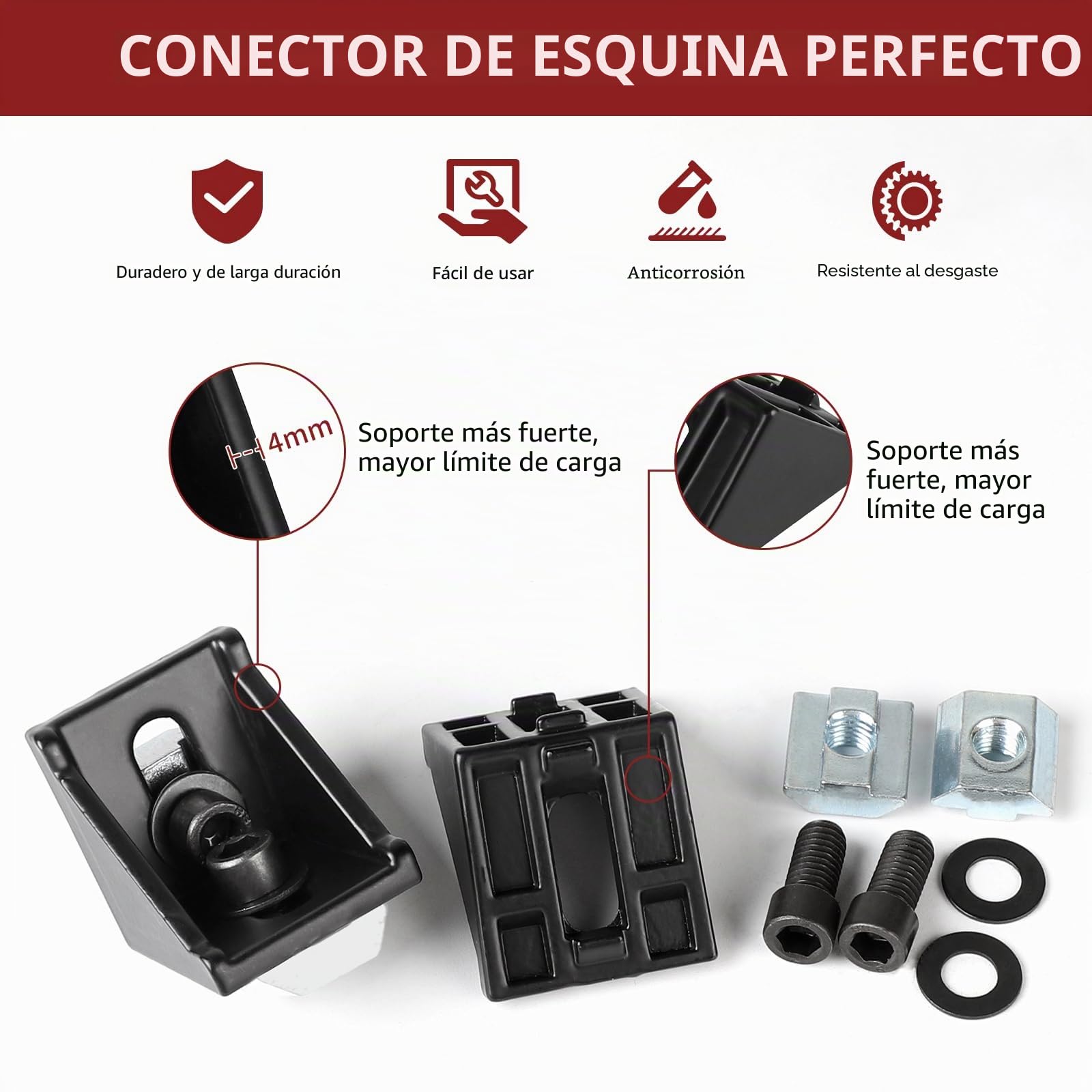 20pcs Conectores angulares de aluminio, ángulo de 40 x 40, Soporte de pared de ángulo de 90 grados, Perfil de aluminio 4040, Ranura 8 para perfil de puntales, Impresora 3D