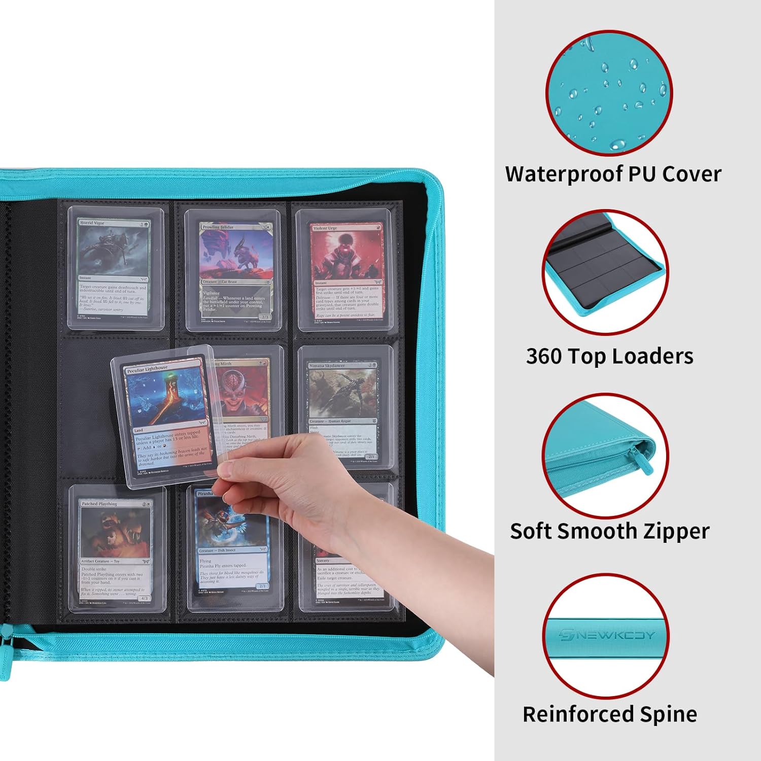 Snekdy Top loader Binder, 9 Pockets Top Loader，Holds 360 Top Loaders cards, Card binder with Sleeves for card in 3 x 4 inch color smooth Zipper PU Leather (Turquoise)