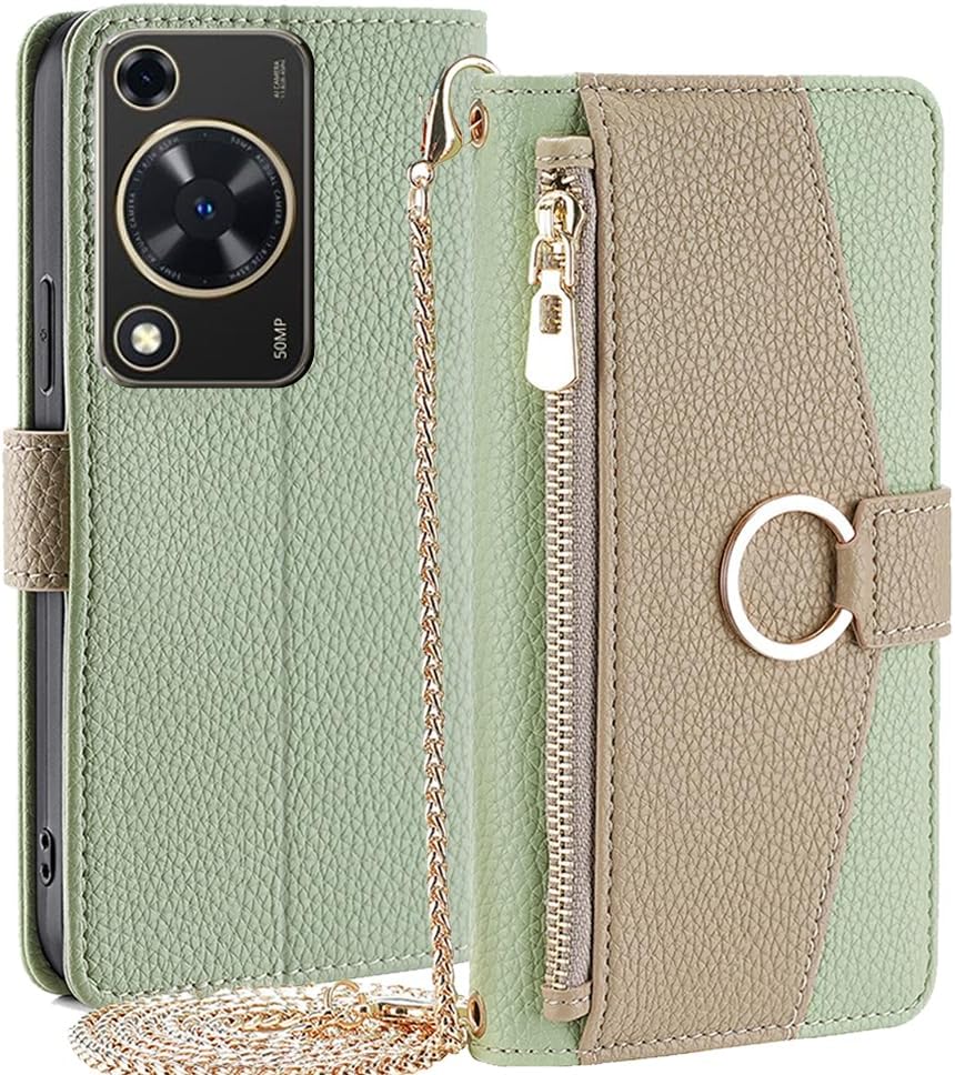 Wallet Case with Crossbody Strap Compatible for Huawei Pura 70 Pro+/Huawei Pura 70 Pro, Magnetic Handbag Zipper Pocket Cases PU Leather Flip Shockproof Cover with Kickstand Green