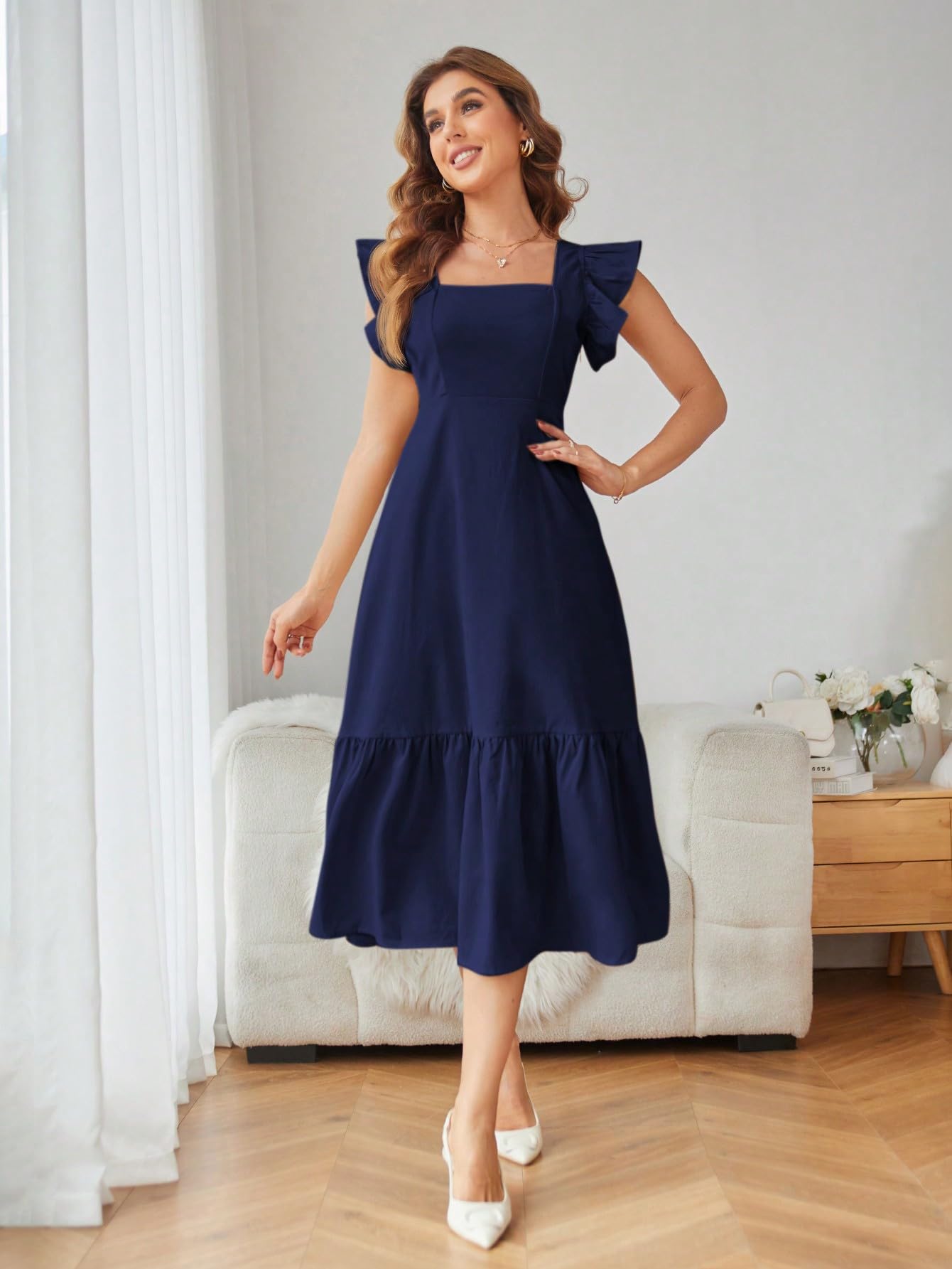 Shasmi Girl's & Women's Solid Navy Blue Color Square Neck, Ruffle-Trimmed Hem Sleeveless, Ruffle Armhole and Casual Dress with Cinched Waist Vacation Outfits Woman (Dress 162 N Blue-S) - Image 6 thumbnail