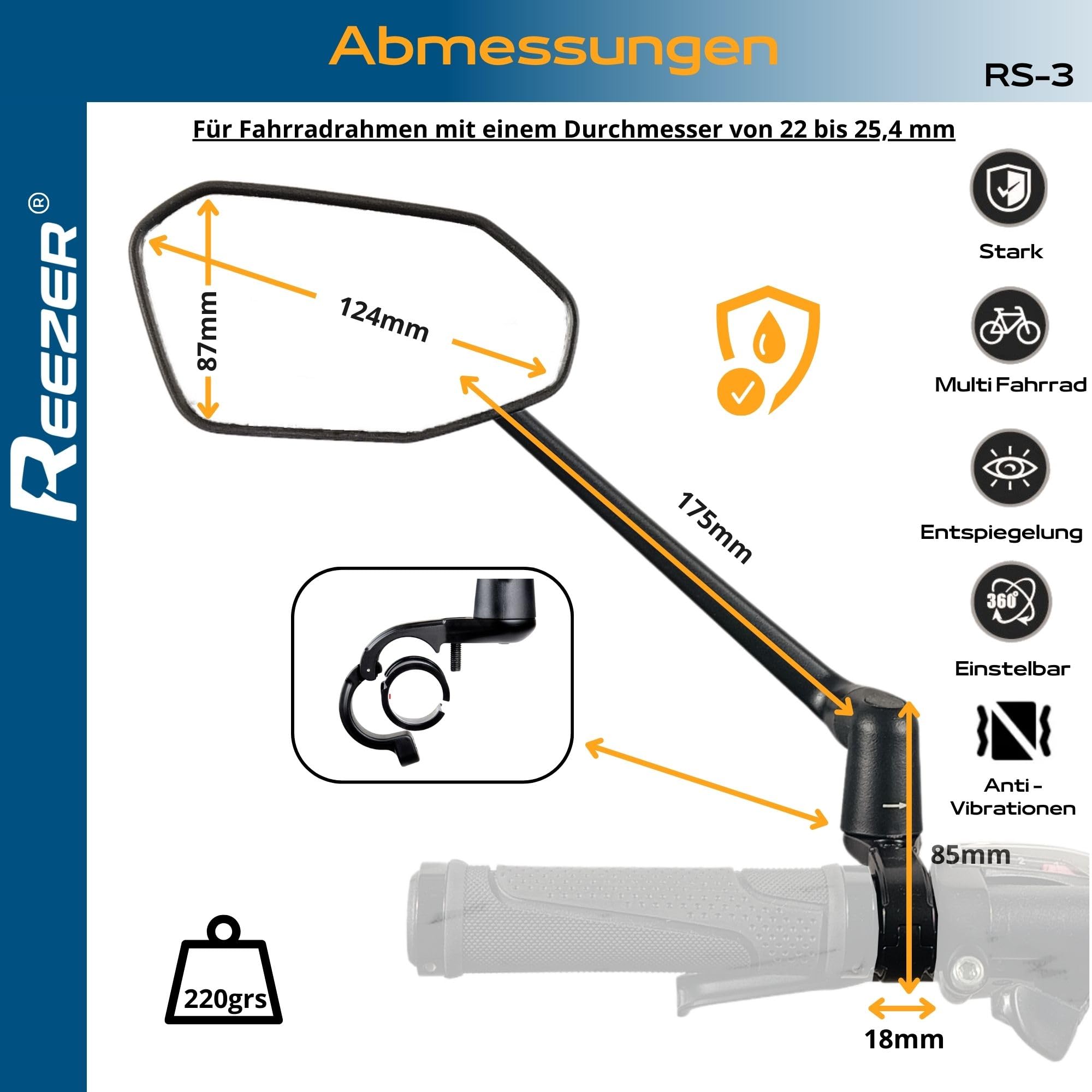 REEZER Fahrradspiegel RS3 links mit extra großer Spiegelfläche - 360° verstellbarer Fahrrad Spiegel für E-Bike & E-Scooter Lenker - Rückspiegel kompatibel mit allen Modellen - LINKS