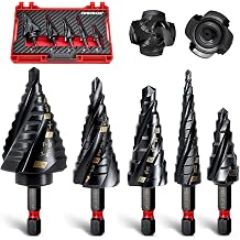COMOWARE Step Drill Bit Set, 1/81-3/8" 5Pcs Four Spiral Flute Step Drill Bits for Metal, AITIN Coated Step Bit with 1/4" Hex Shank for Metal, Stalinless Steel, Aluminum, Wood, Plastic