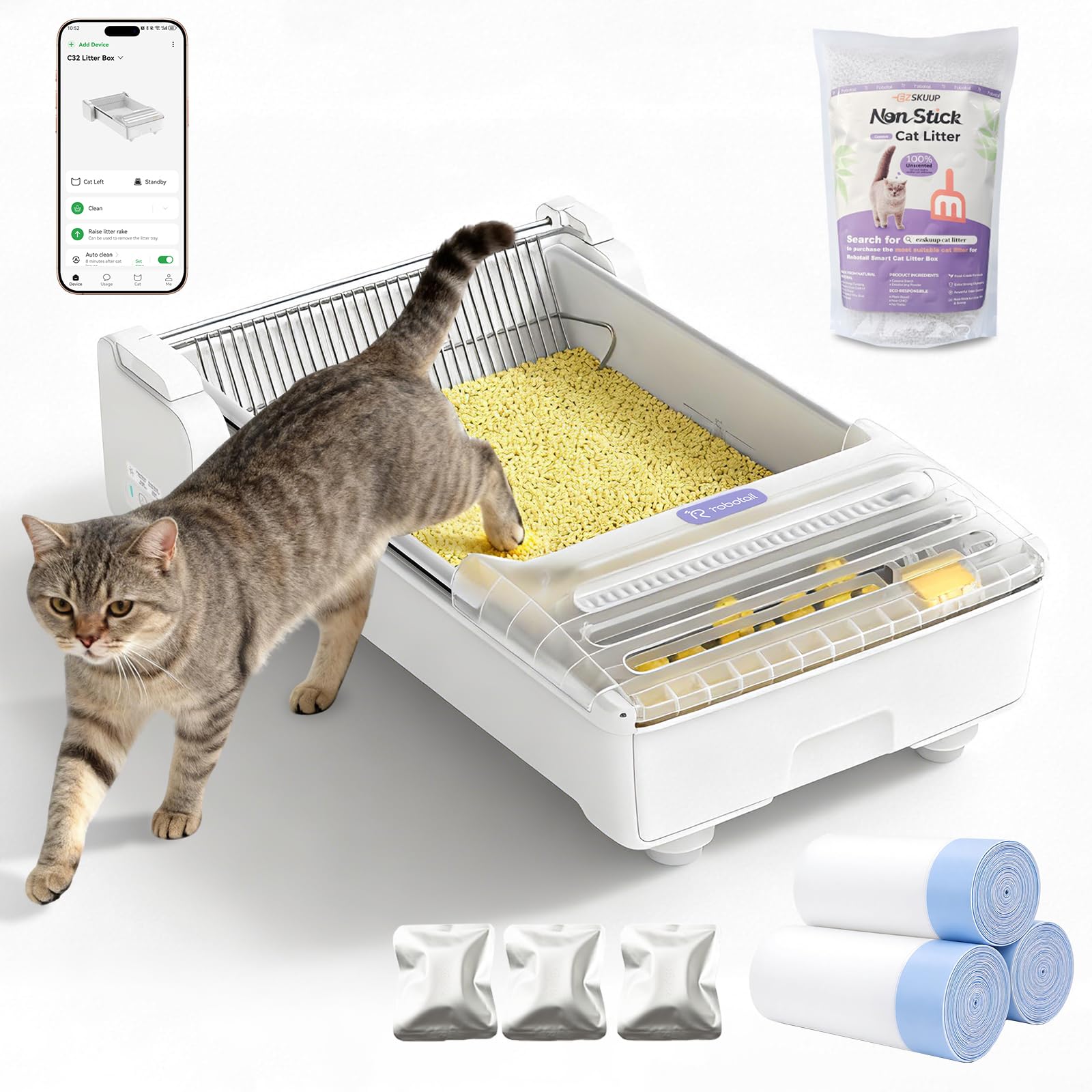 Selbstreinigende Katzentoilette Katzenklo Selbstreinigend Offen, Extra Große Platz Automatisches Elektrisches Katzenklo mit Geruchskontrolle, APP-Steuerung, Anti-Klemm-Design, mit 1 Beutel Streu