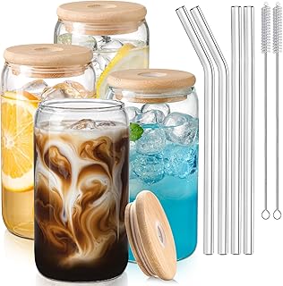 myhtgd Iced Coffee Cup,Glass Cups with Lids and Straws,Drinking Glasses with Bamboo Lids and Glass Straw 4Pcs Set - 16Oz,Smoothie Cup,Beer Glasses,Clear Cute Tumbler Cup,Smoothie Cup