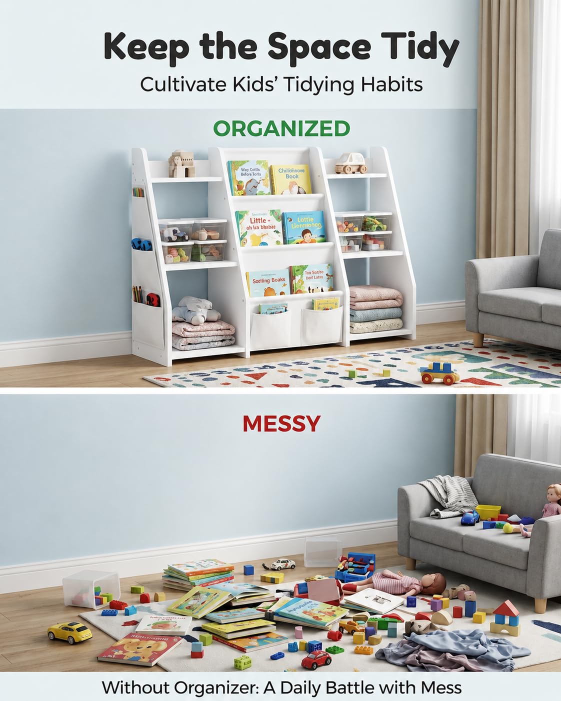 Librería Montessori Infantil Blanca con Bolsillos de Tela, 97 x 30 x 76 cm | Estantería infantil para libros y juguetes con compartimentos abiertos y kit antivuelco, ideal como mueble organizador.
