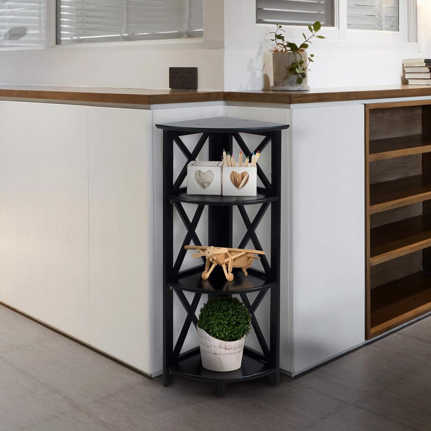 Casual Home Montego 4-Shelf Folding Solid Wood Corner Bookcase, Black (New)