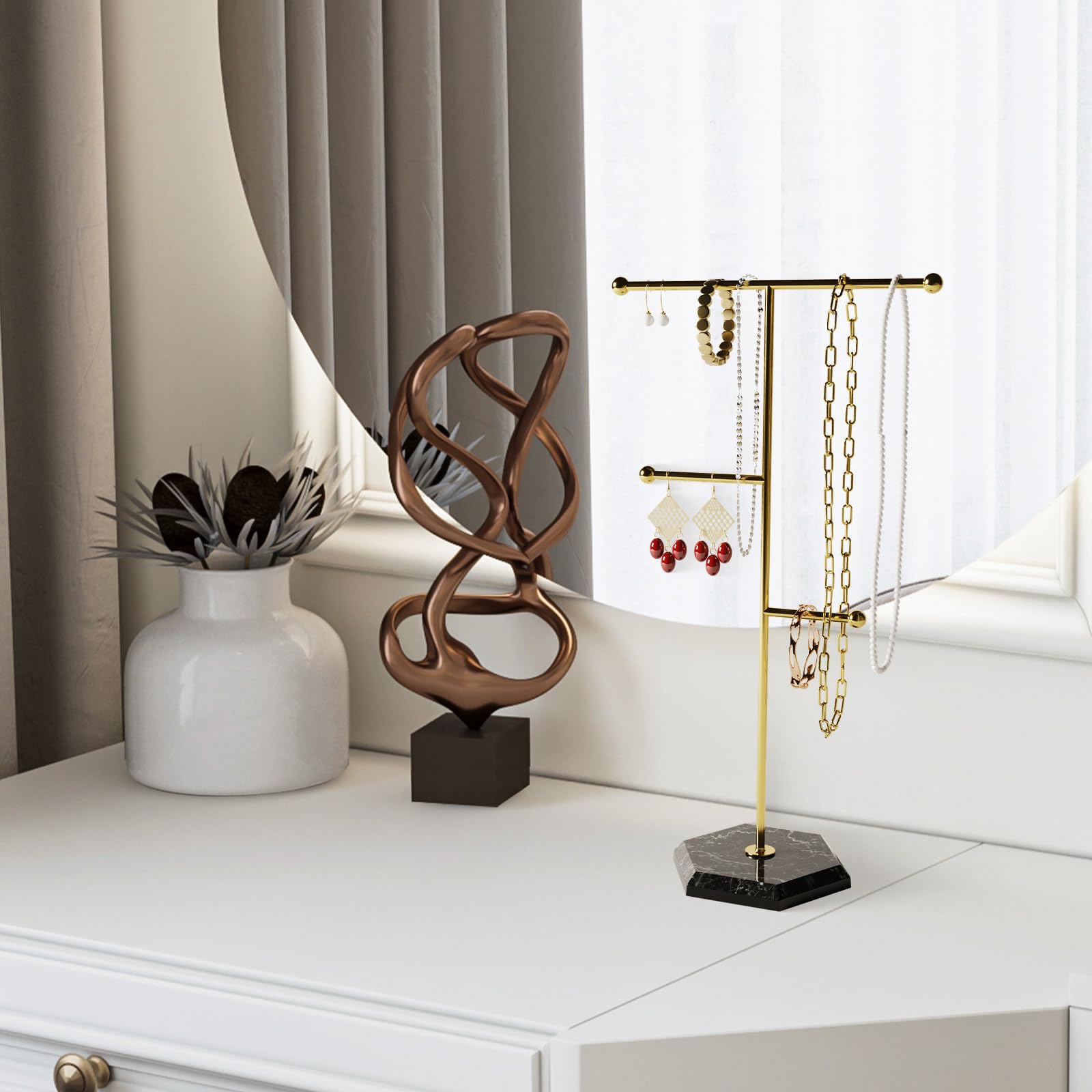 SM SunniMix T Bar Jewelry Stand Display Jewelry Organizer Holder Multipurpose Jewelry Holder Jewelry Display for Watch Necklace Bracelet, Gold