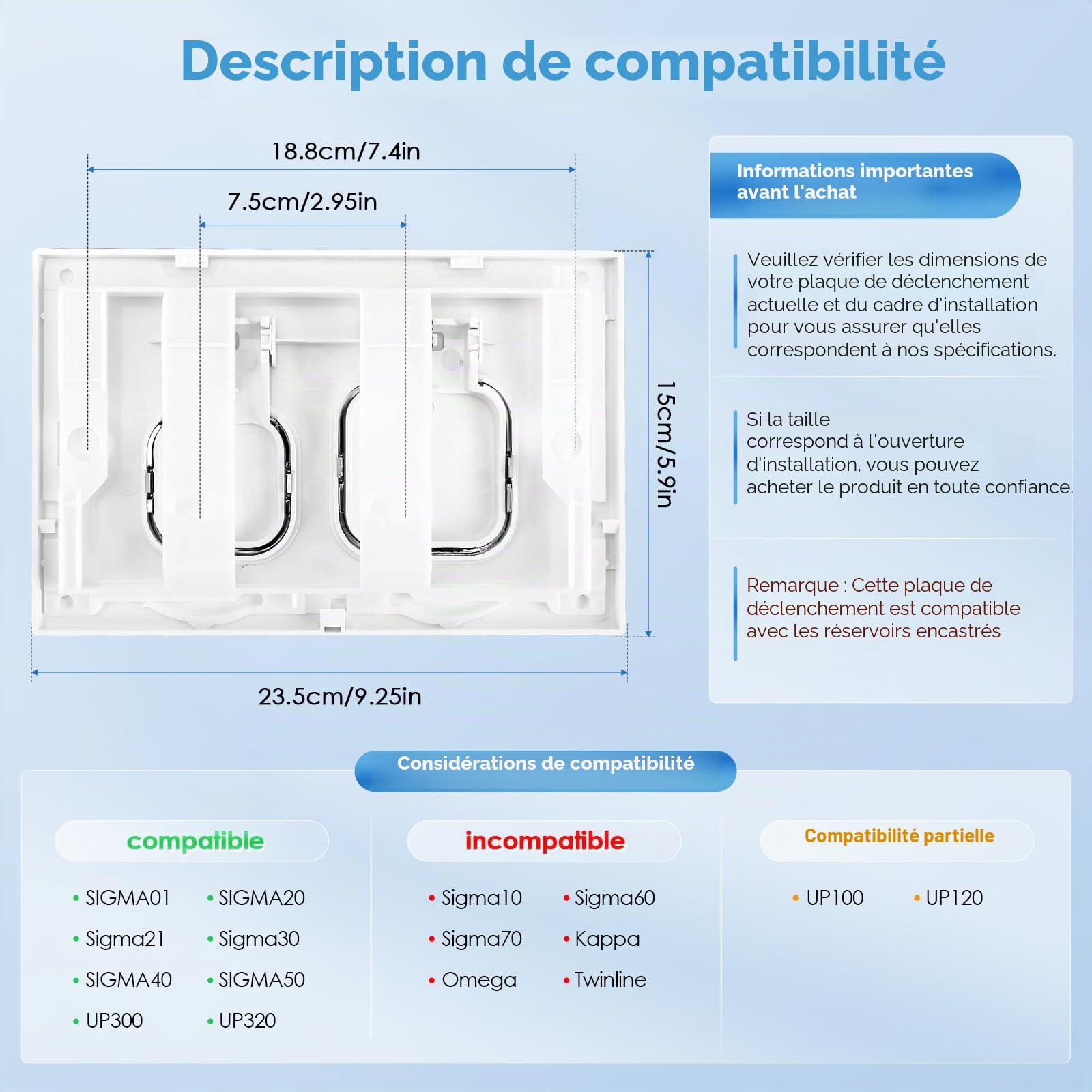 Plaque de commande WC compatible avec Geberit Sigma, UP300 & UP320, plaque de déclenchement pour chasse à 2 débits, équipée d'un kit de levier de chasse et d'un cadre de montage (blanc)