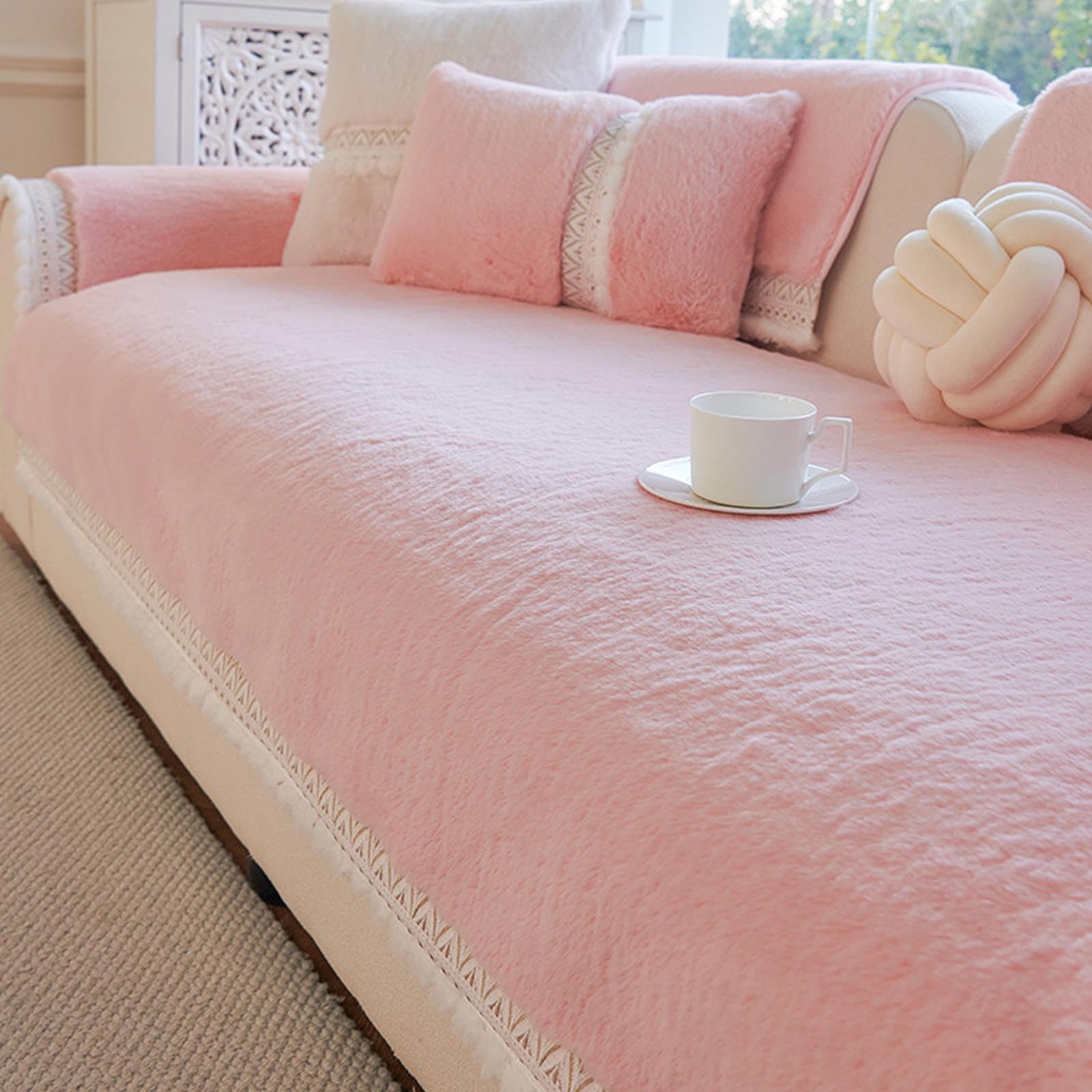 Housse de canapé en peluche rose 70x70cm | Protège-canapé antidérapant velours