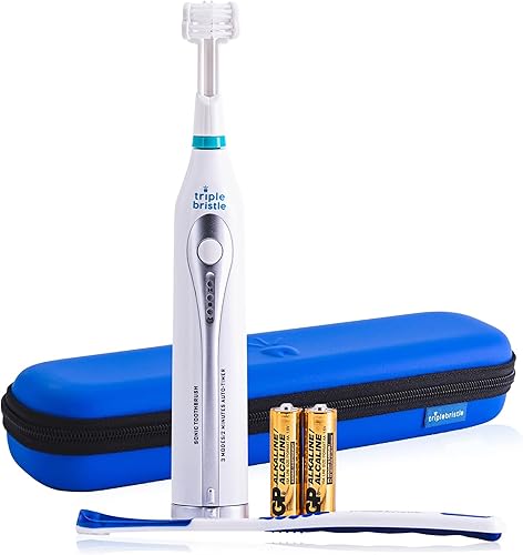 Triple Bristle Sonic Go + estuche de viaje para cepillo de dientes azul | Cepillo de dientes sónico portátil con batería AA para viajes | Funda de