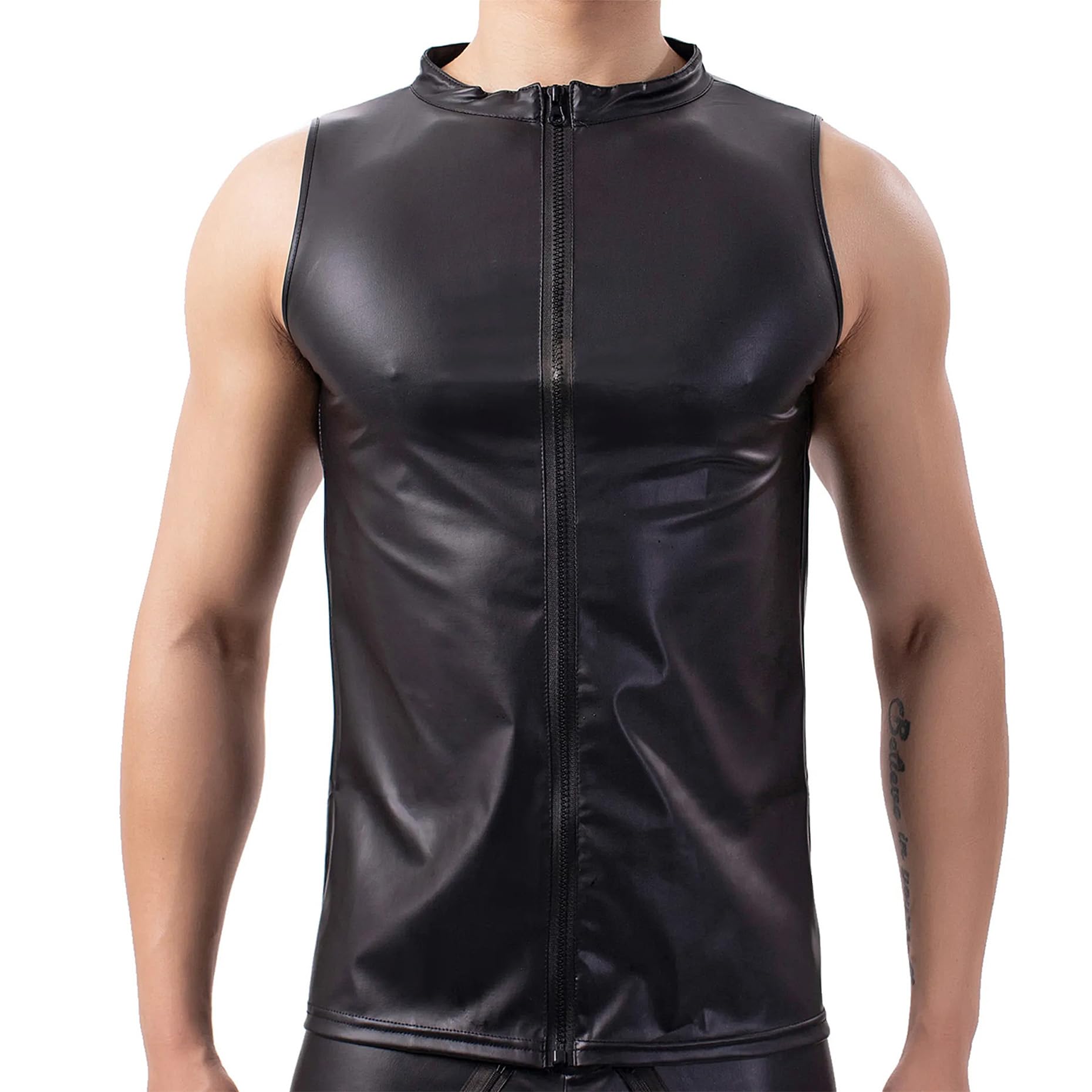 T-shirts en latex pour homme - Similaire au latex - T-shirt pour homme - Noir - Sexy - En cuir mat - Sans manches - Effet mouillé - En cuir verni - Pour homme