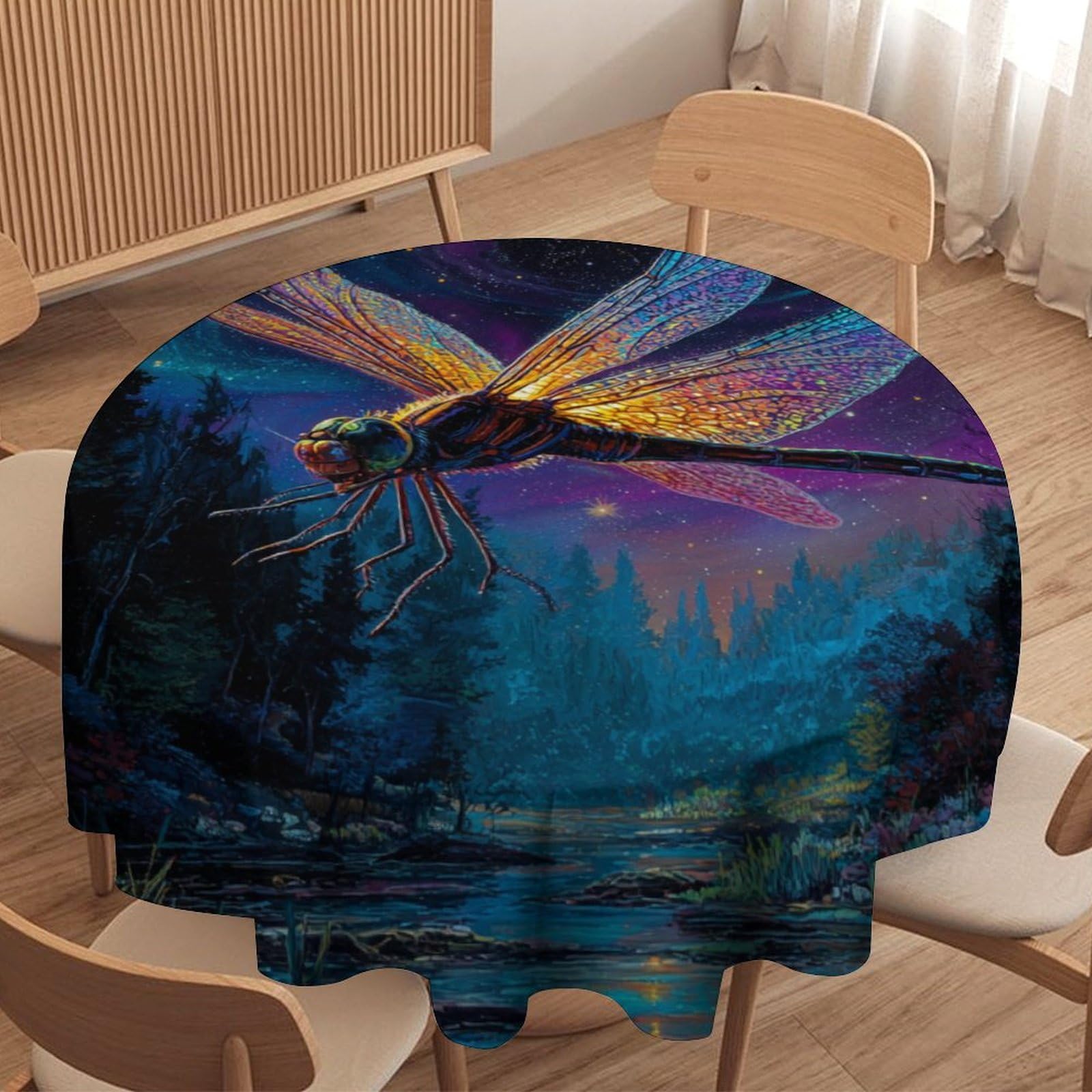 LUYYSKY Modern Fantasy Glitter Dragonfly Round Tablecloth Retro Aesthetic Forest Night Animal Dragonflies Pattern Washable Decor for Table Cover for Kitchen-152.4" Wx152.4 L cm