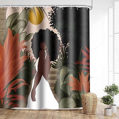 Miniatura 3 de Cortina de ducha de mujer afroamericana, sexy, de 72 x 84 pulgadas, poliéster, abstracto, bohemio, tropical, hojas de plantas tropicales, bañera