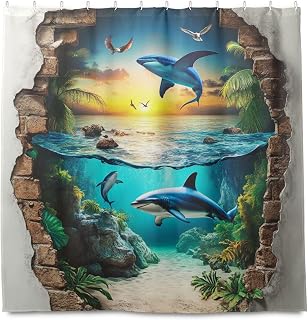 3D Hole White Wall Ocean Animal Shark Decorative Water Repellent Material Pattern Shower Curtain with Hook Polyester Stuff Machine Washable Standard Curtain Liners for Luxury Bathroom Decor