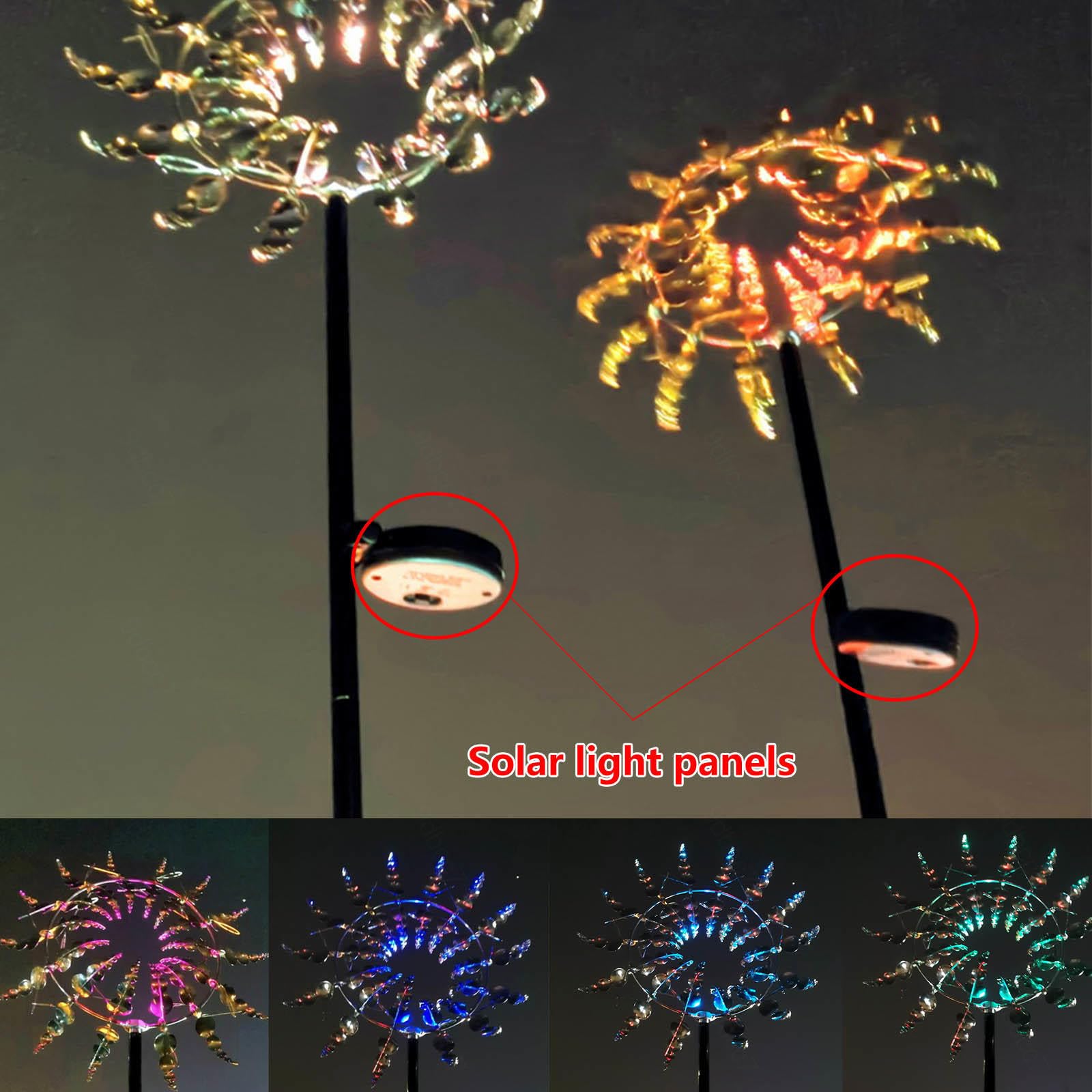 Lampy solarne, dzwonki wietrzne do użytku na zewnątrz, z oświetleniem LED, wiatrak ogrodowy 3D, żelazny wiatrak, z metalu, do użytku na zewnątrz, na taras, złote