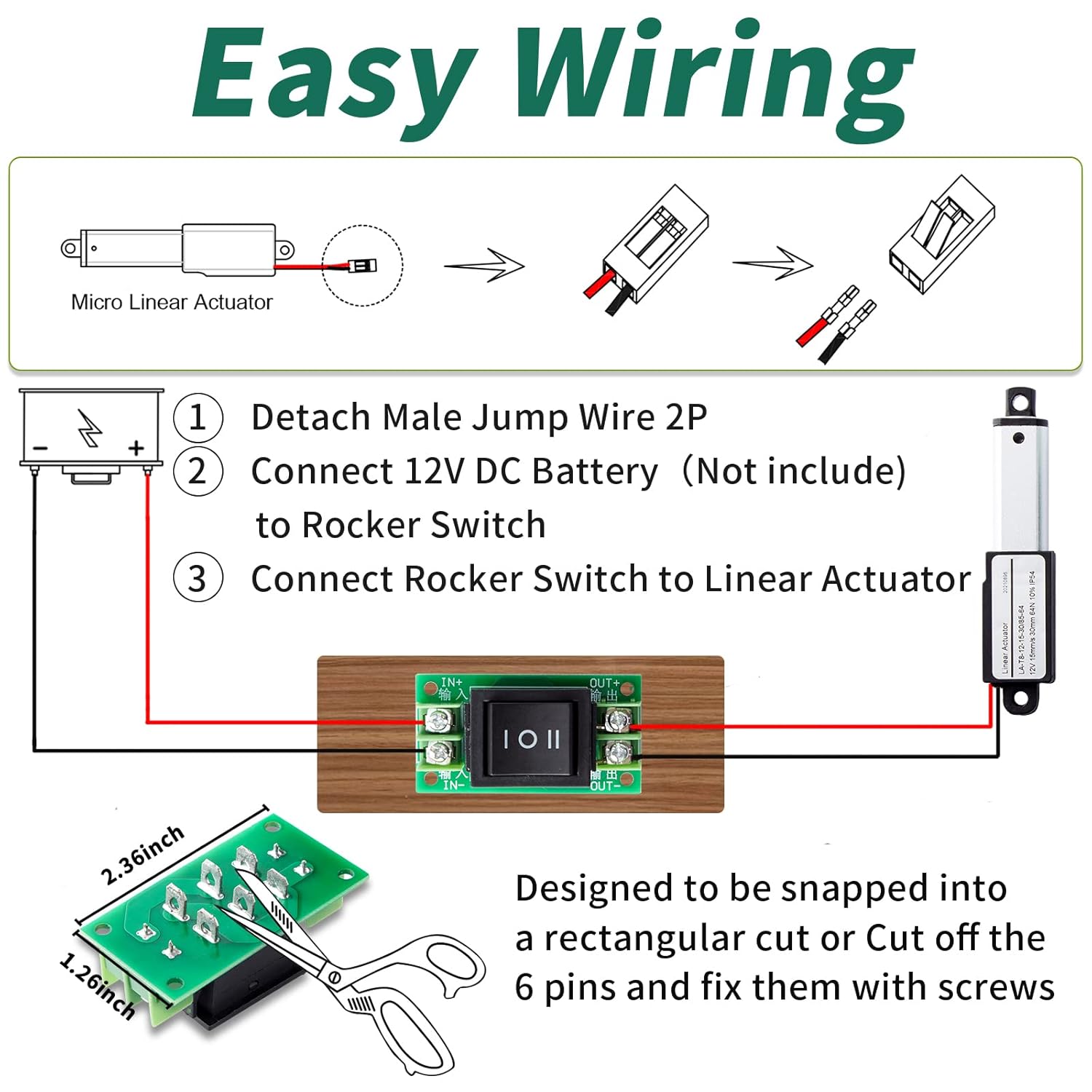 Micro Electric Linear Actuator with Controller, 2" Stroke Mini Motion Actuator 12V DC, 64N/14.4lb, Speed 0.6inch/s, w/Mounting Brackets, Rocker Switches, for Robotic Sofa TV Table Cabinet Window