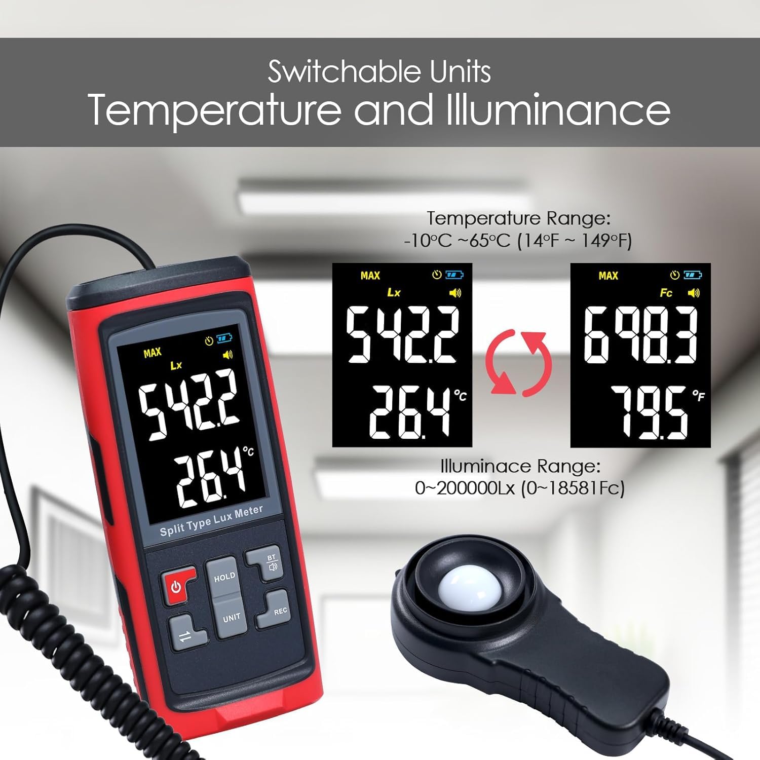 LuxmèTre NuméRique, Mesureur De LumièRe PhotomèTre D'éClairement avec Capteur Rotatif à 270 DegréS, 0-200,000 Lux Luxmetre Mesureur De TempéRature Ambiante Mètre d'intensité Lumineuse
