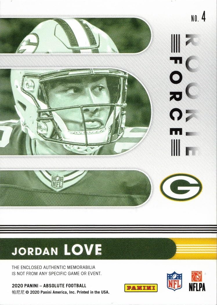 2020 Panini Absolute Rookie Force Relics Football #4 Jordan Love Jersey Rookie Card