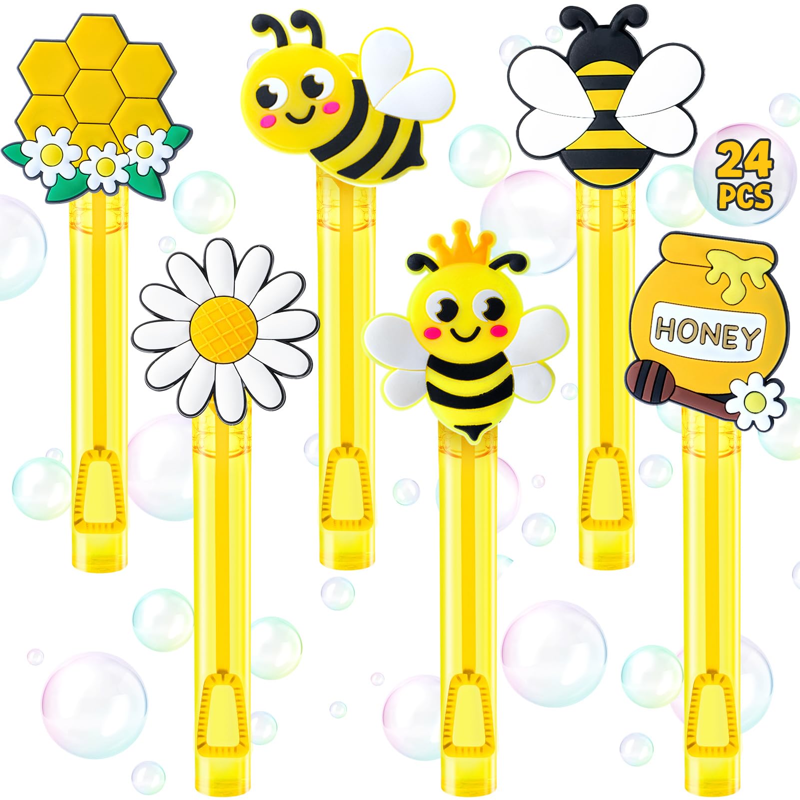 Winrayk Bee Party Favors, 24Pcs Bee Themed Mini Bubble Wands for Kids Bubbles Bulk with Detachable Topper (6 Styles & Colors), Birthday Gift Easter Goody Bag Stuffer Classroom Prizes Honey Party Favor
